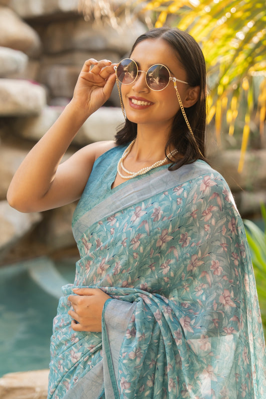 Beautiful Floral Printed Cotton blend Saree