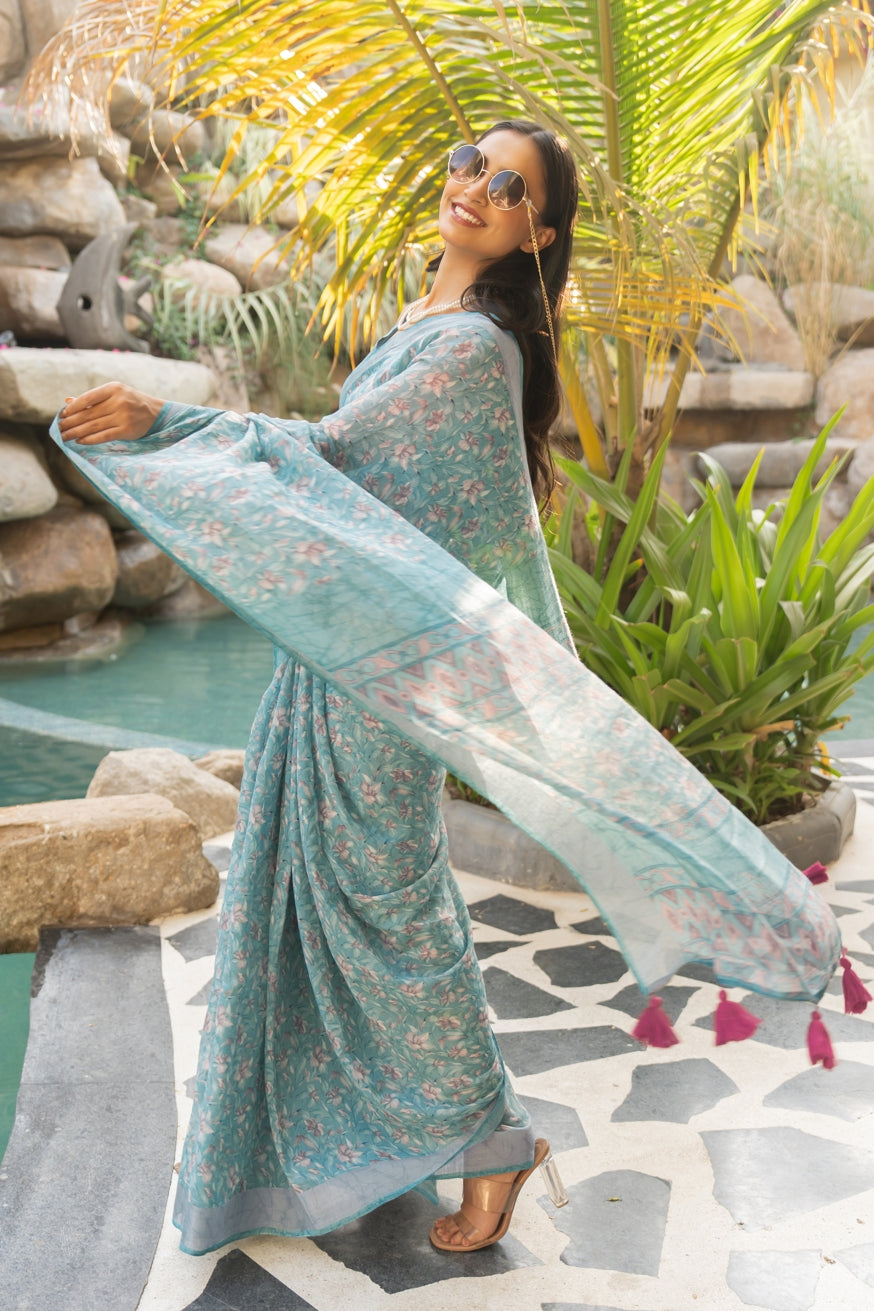 Beautiful Floral Printed Cotton blend Saree