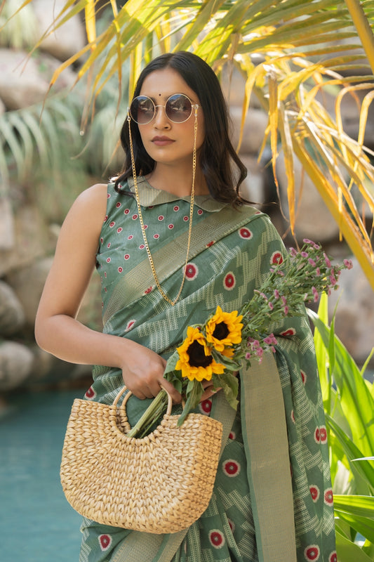 Latest Cotton Silk Geometric Print Saree With Unstitched Blouse