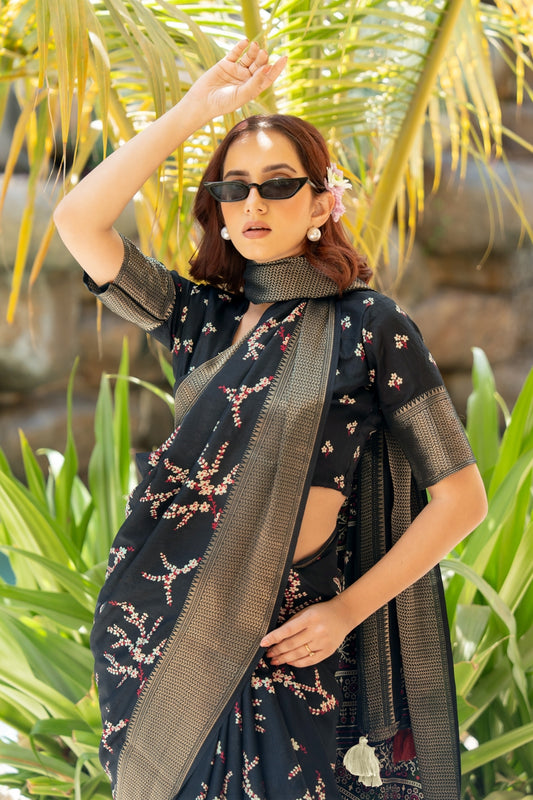 Trendy Cotton Silk Floral Print Saree With Unstitched Blouse