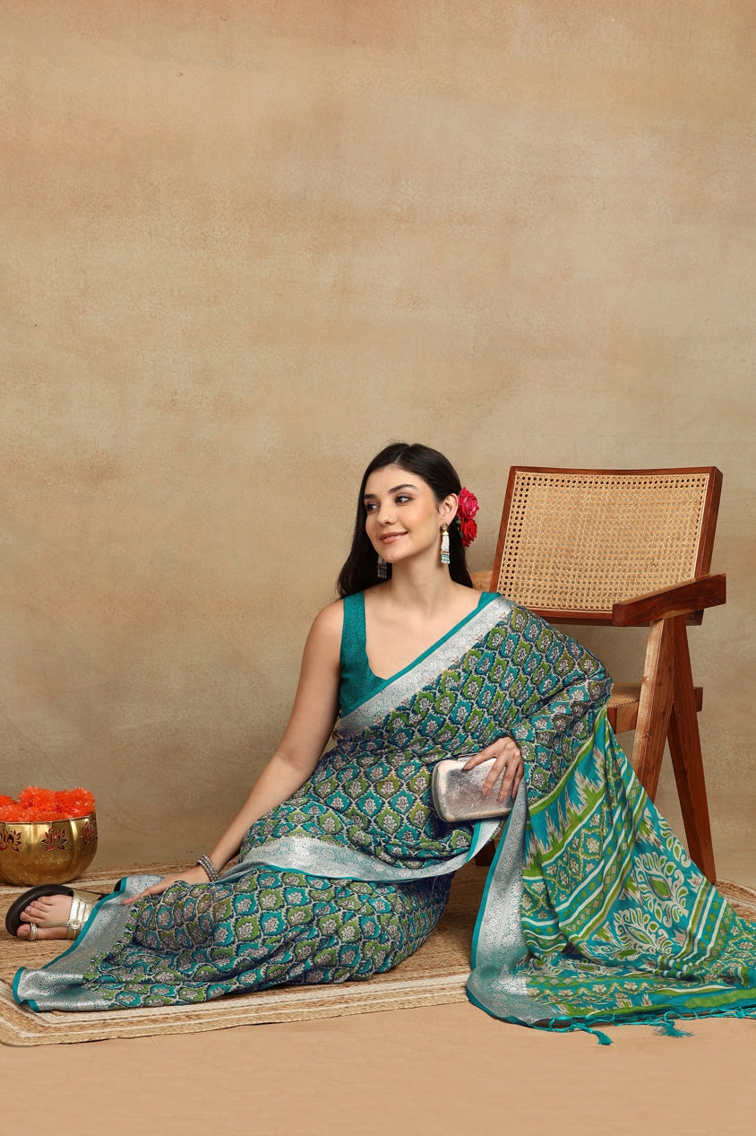 Elegant Ajrakh Printed Georgette Saree With Unstitched Blouse Piece