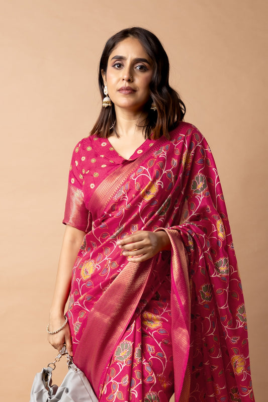 Elegant Cotton Silk Floral Print Saree With Unstitched Blouse