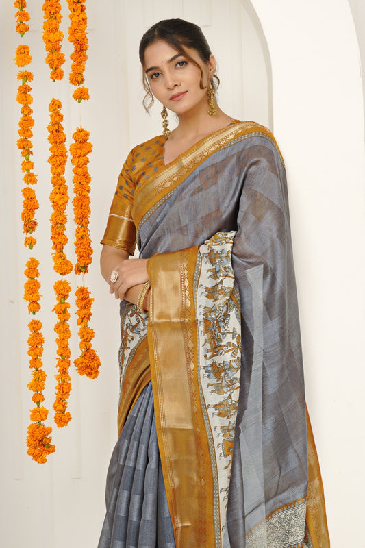 Latest Madhubani Print Cotton Silk Saree with Unstiched Blouse Piece