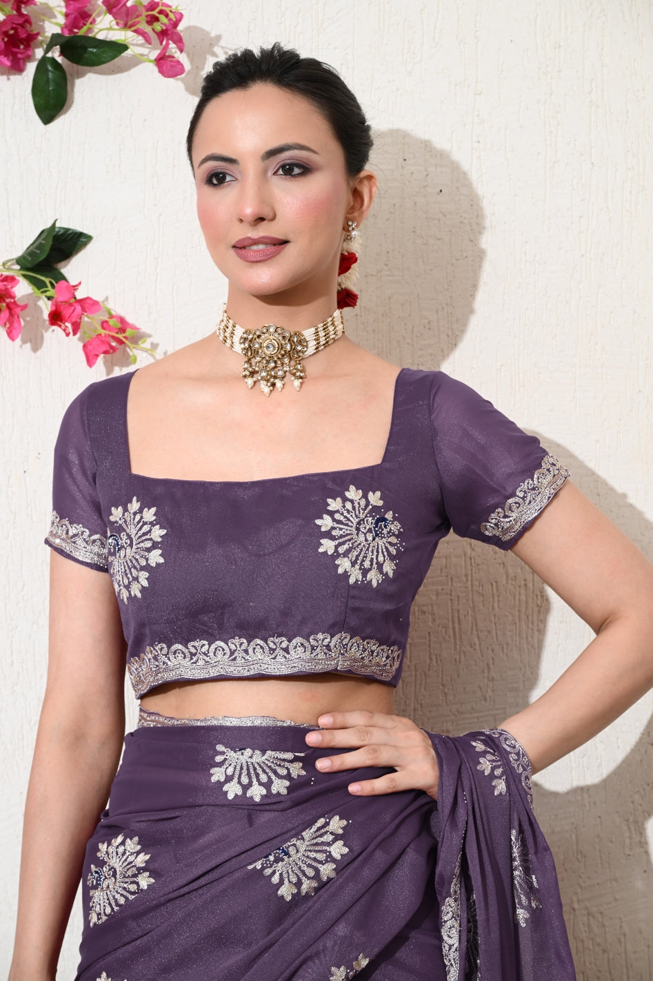 Traditional Shimmer Georgette Peacock Embroidery Work Saree with Unstitched Blouse