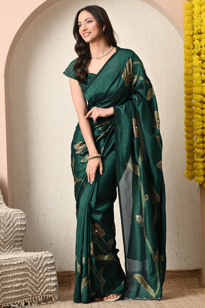 Premium Silk Blend Floral Print Hand Work Saree with Blouse Piece