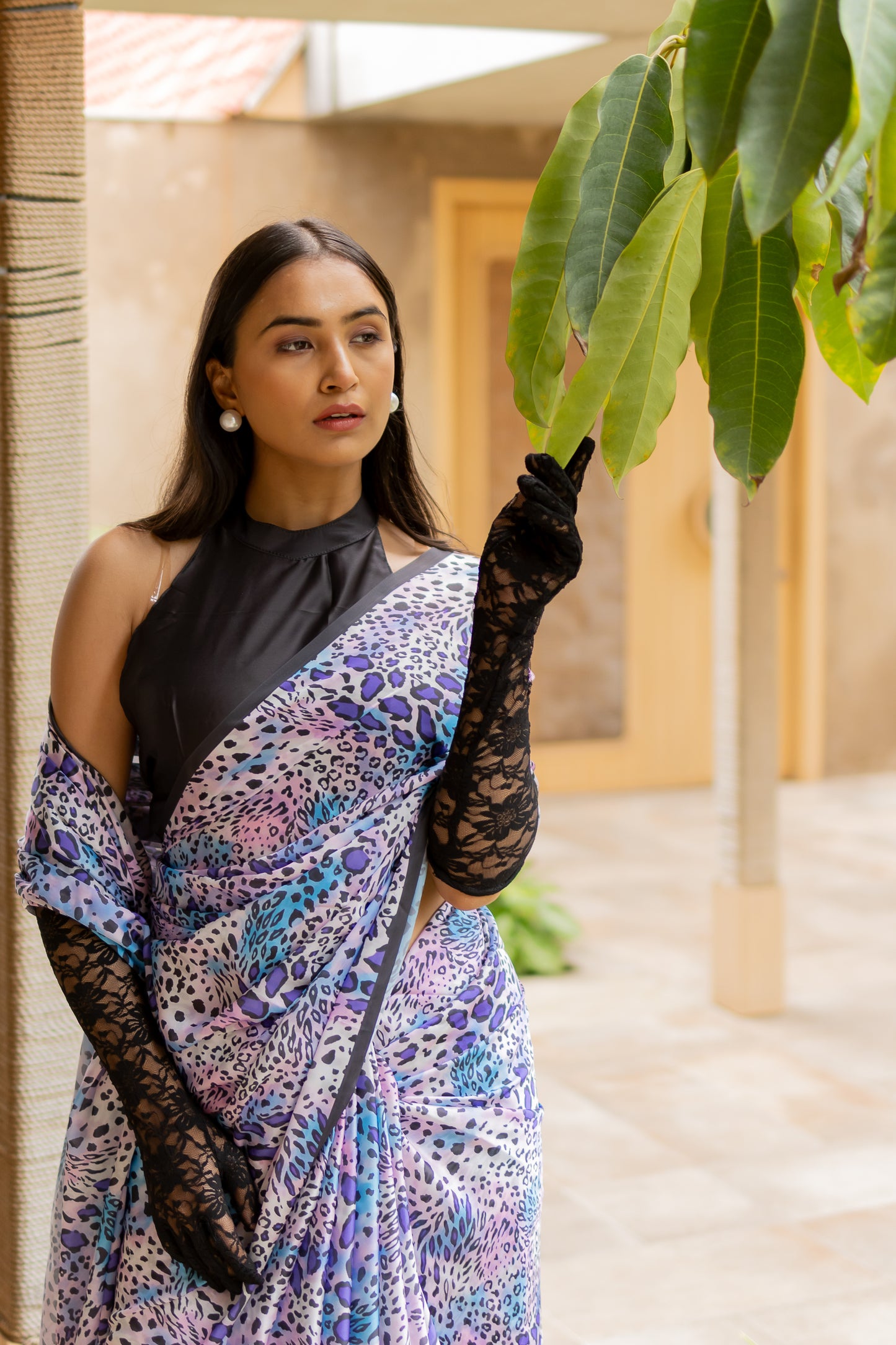 Vibrant Blue and Purple Animal Printed Satin Georgette Saree