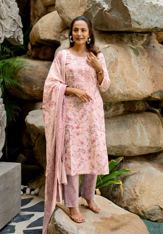 Floral Print Cotton Kurta Set with dupatta