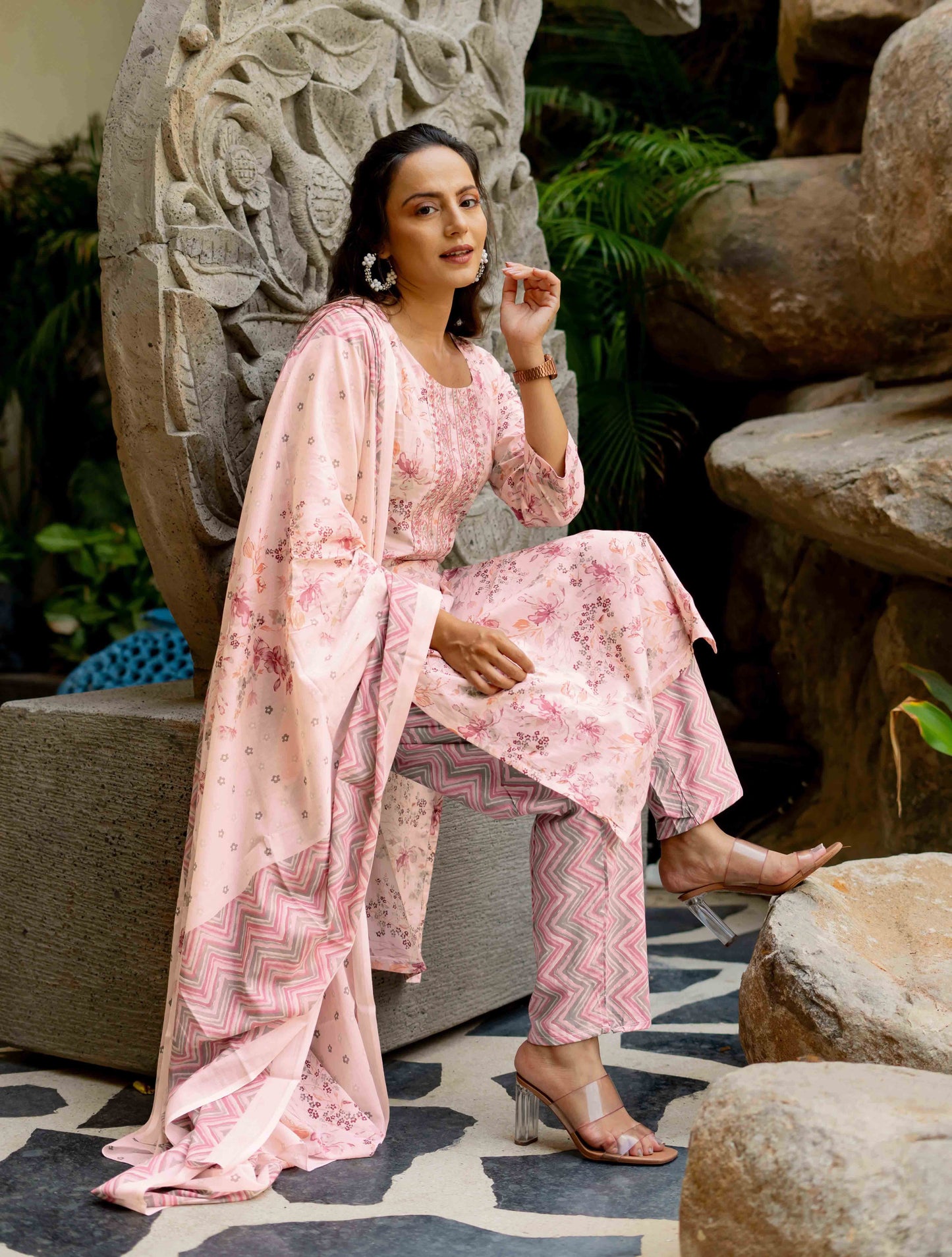 Floral Print Cotton Kurta Set with dupatta