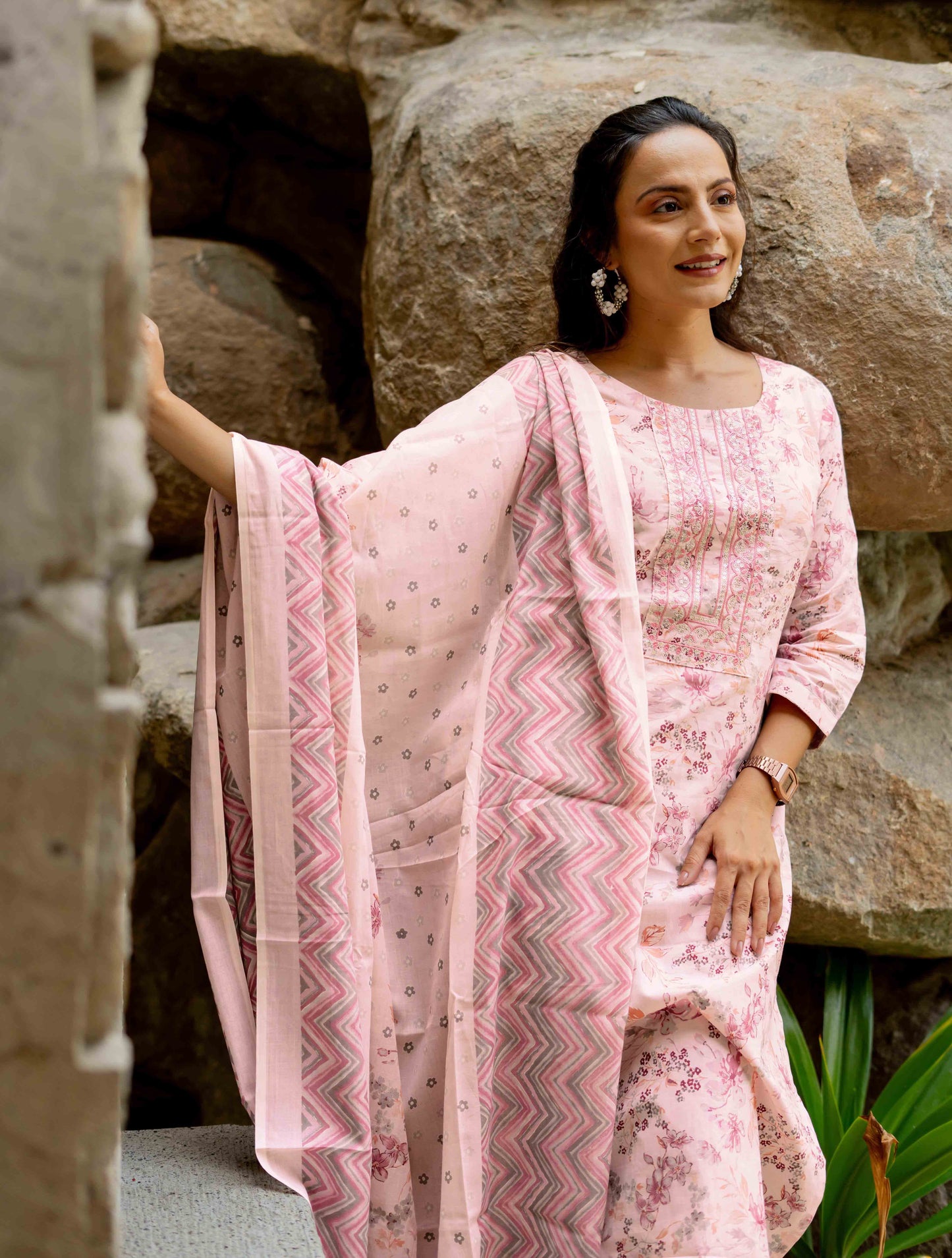Floral Print Cotton Kurta Set with dupatta