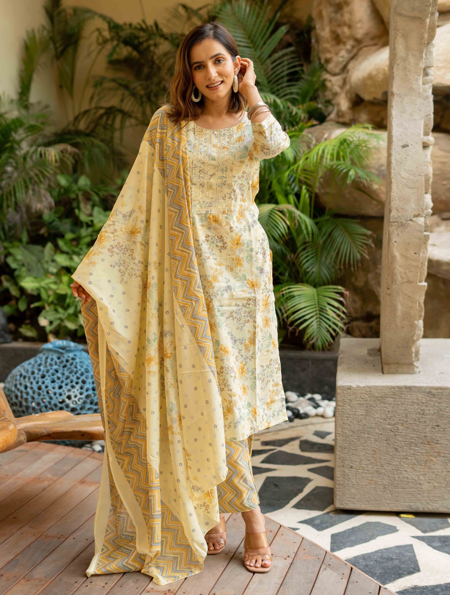 Floral Print Cotton Kurta Set with dupatta