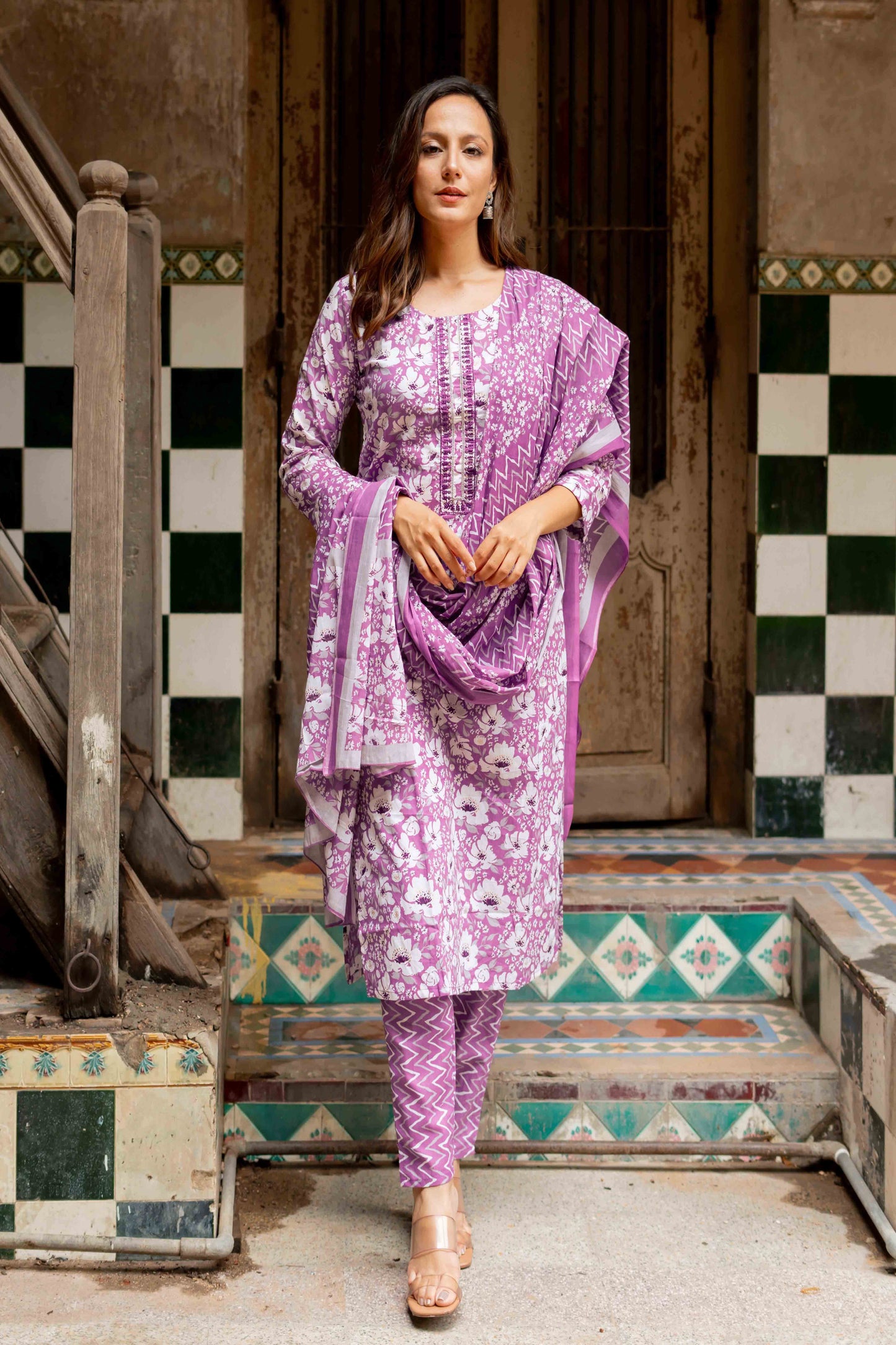 Cotton Floral Print Kurta Set with dupatta