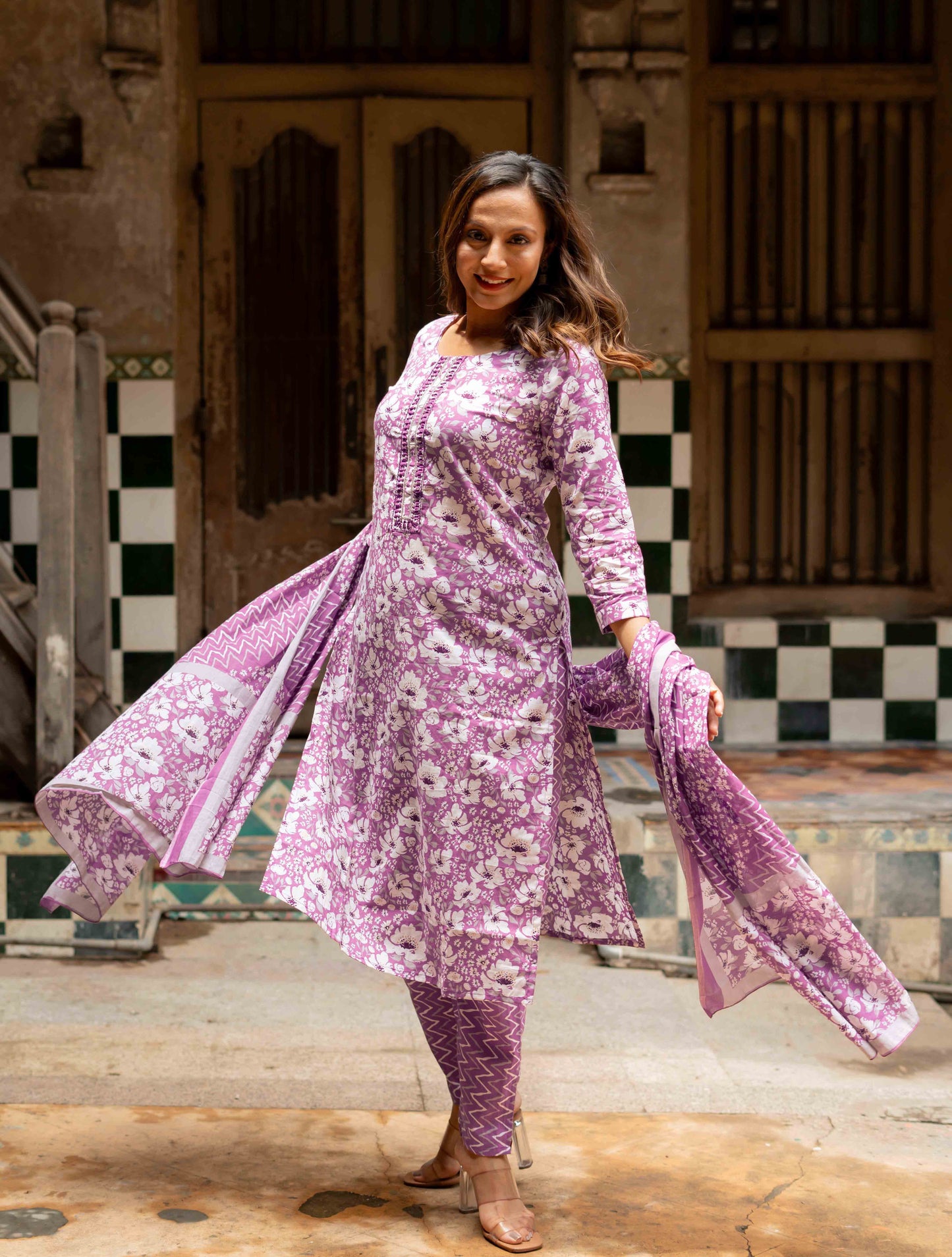Cotton Floral Print Kurta Set with dupatta