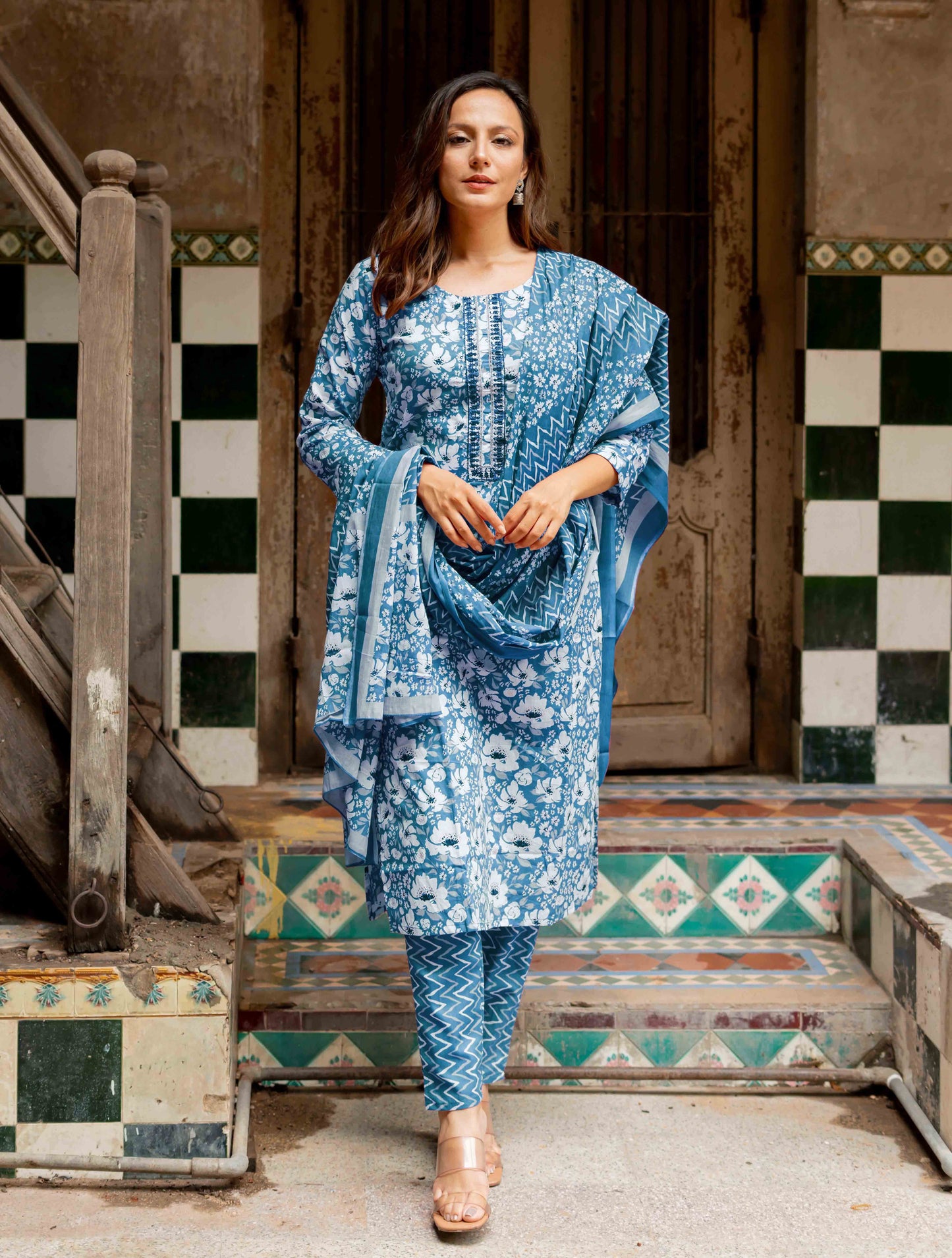 Cotton Floral Print Kurta Set with dupatta