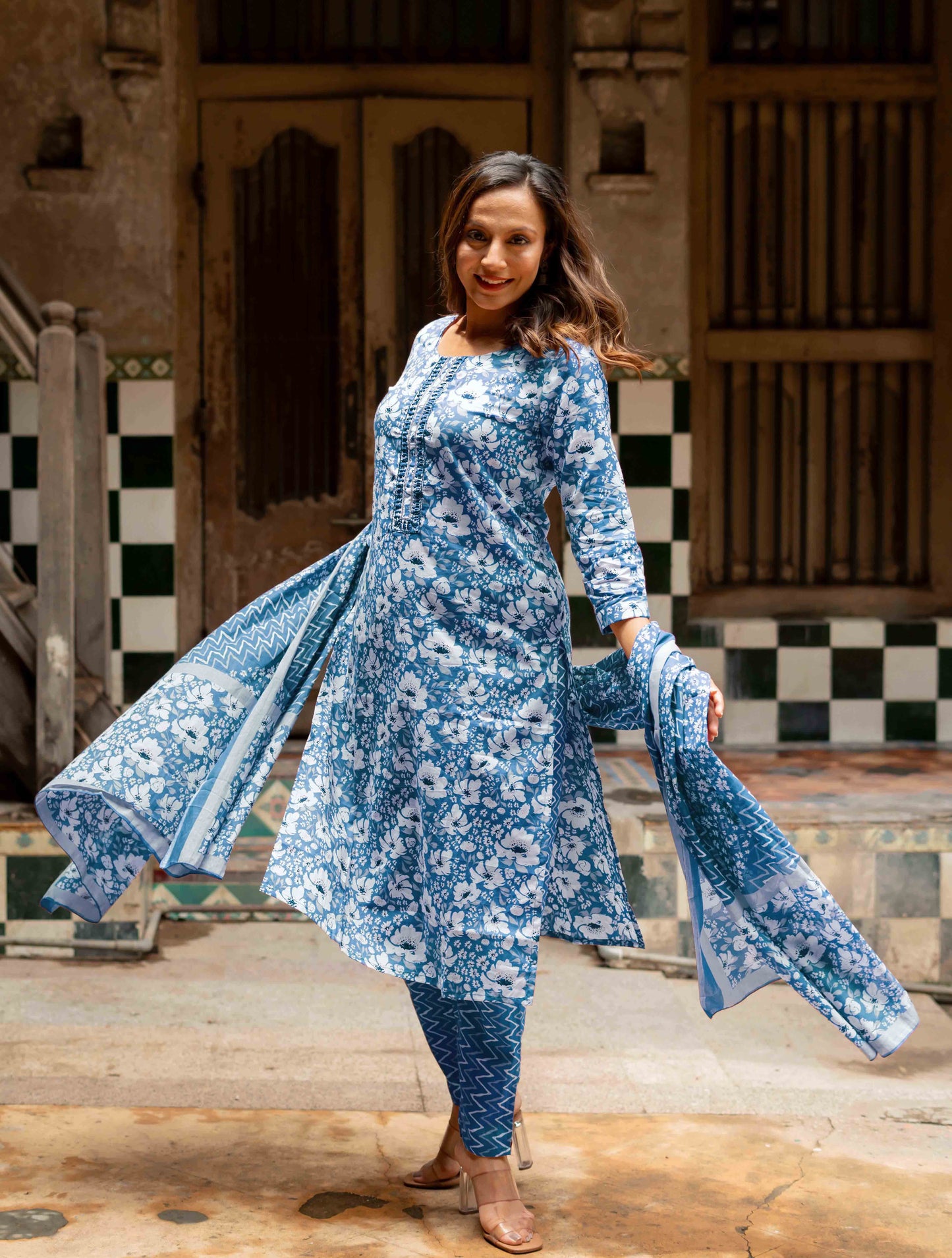 Cotton Floral Print Kurta Set with dupatta
