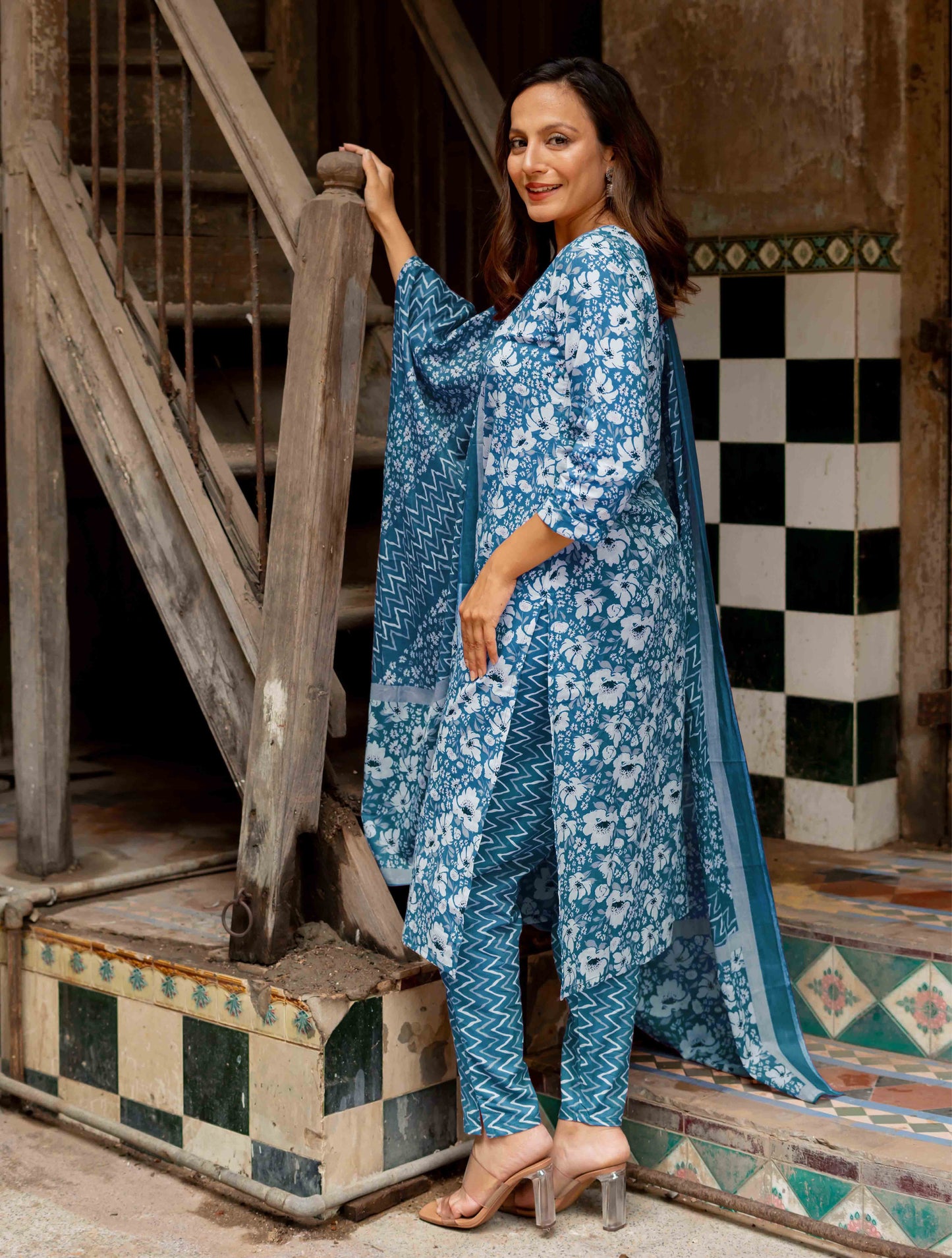 Cotton Floral Print Kurta Set with dupatta