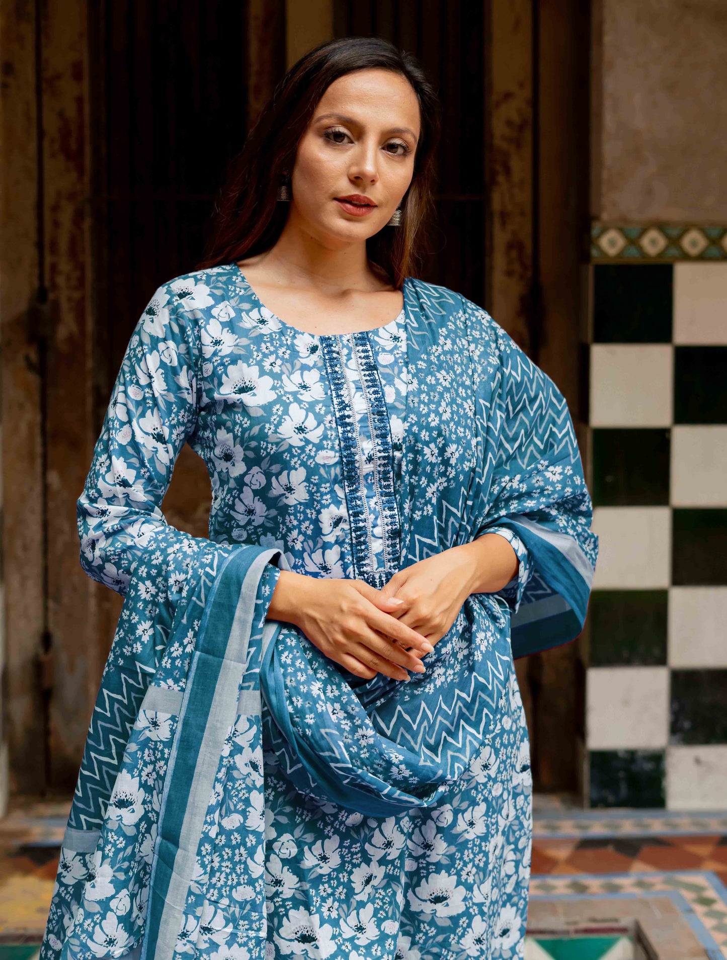 Cotton Floral Print Kurta Set with dupatta