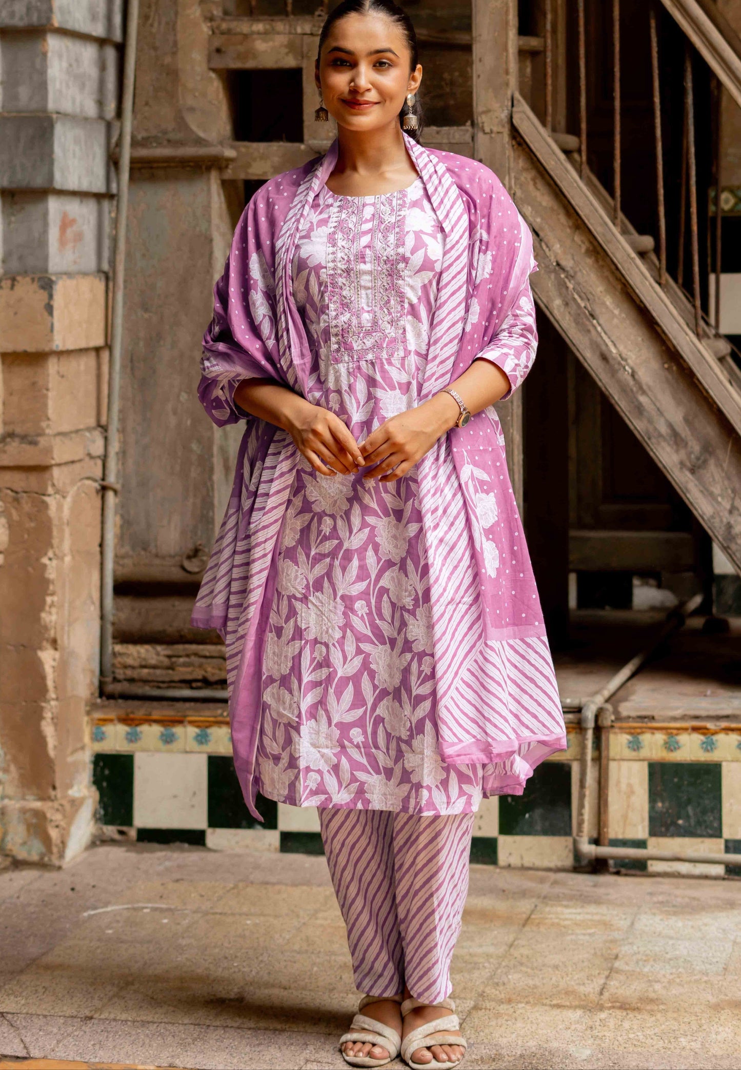 Floral Print With Embroidered Cotton Kurta Set