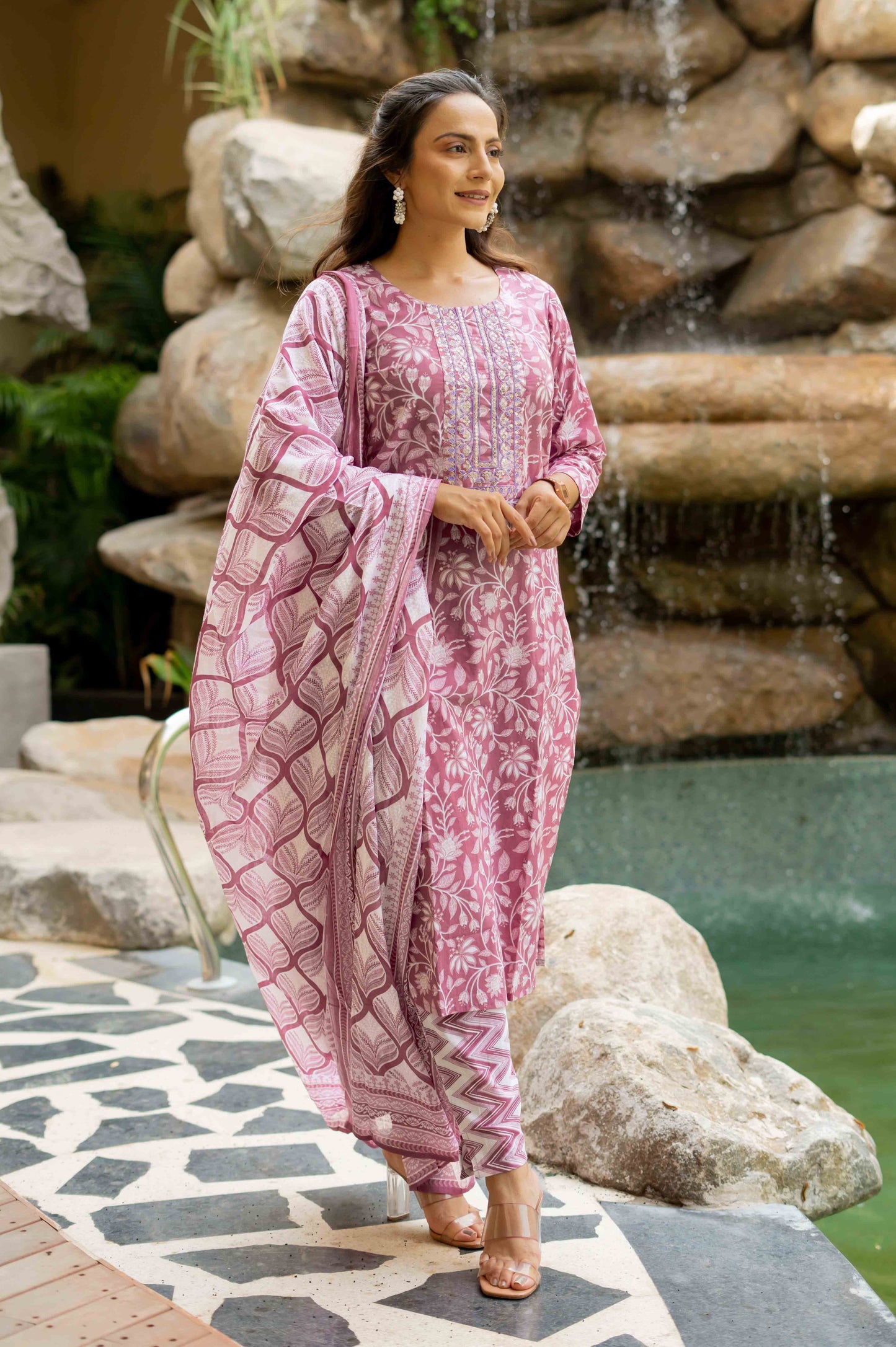 Floral Print With Embroidered Cotton Kurta Set
