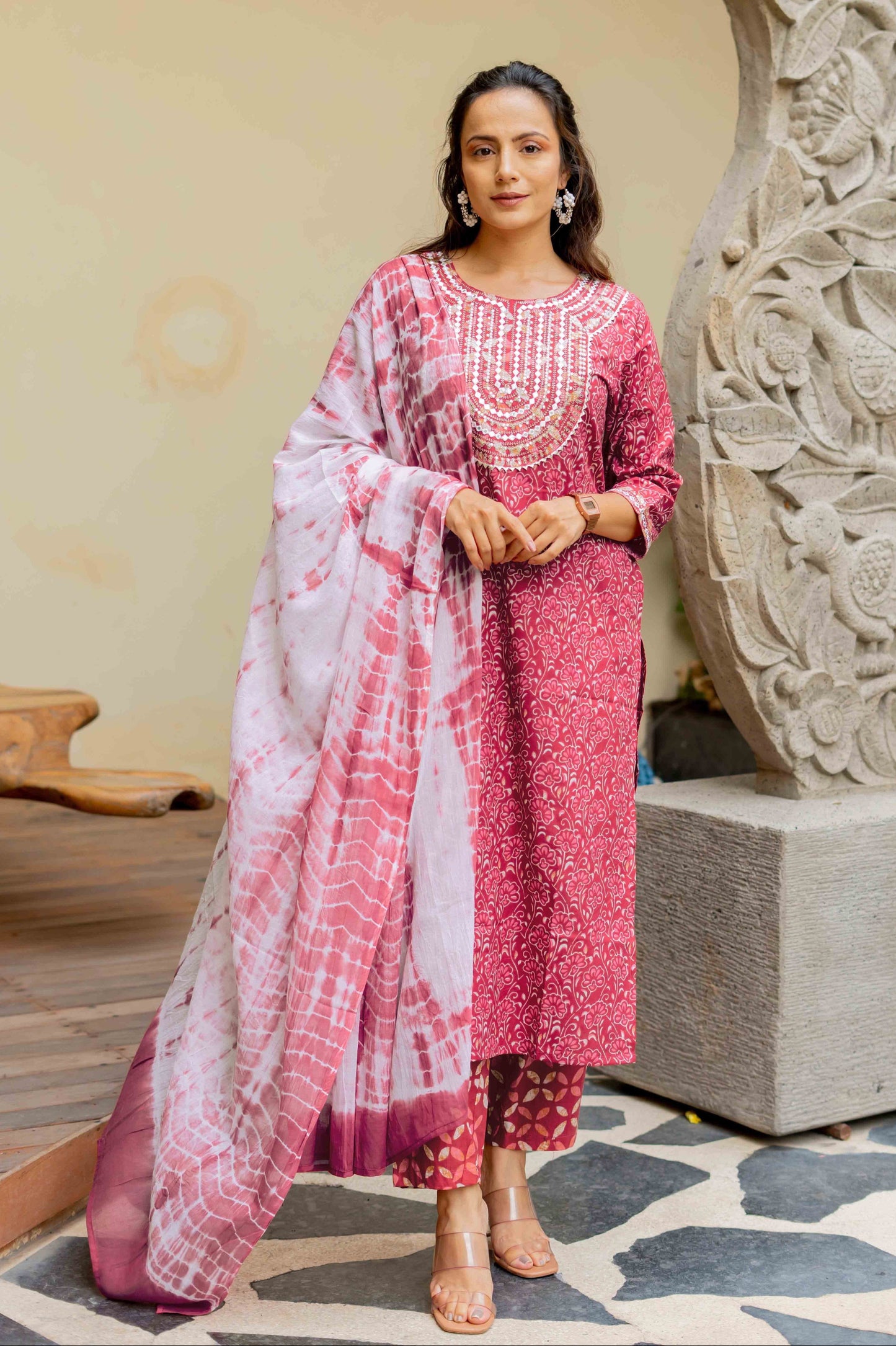 Red Floral Print Cotton Kurta Set