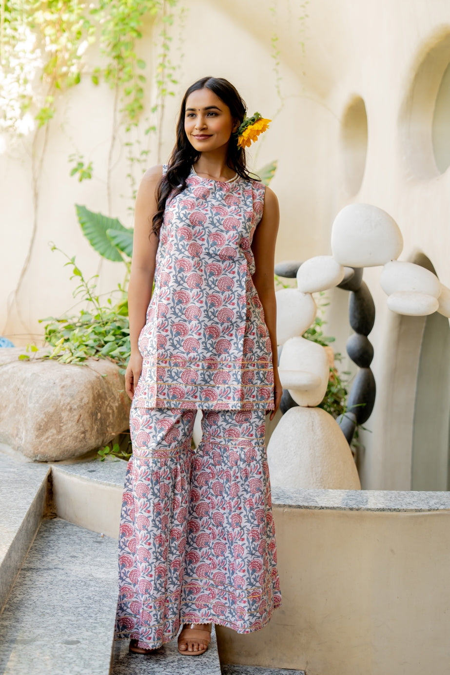 Elegant Cotton Blend Floral Print Sharara Set
