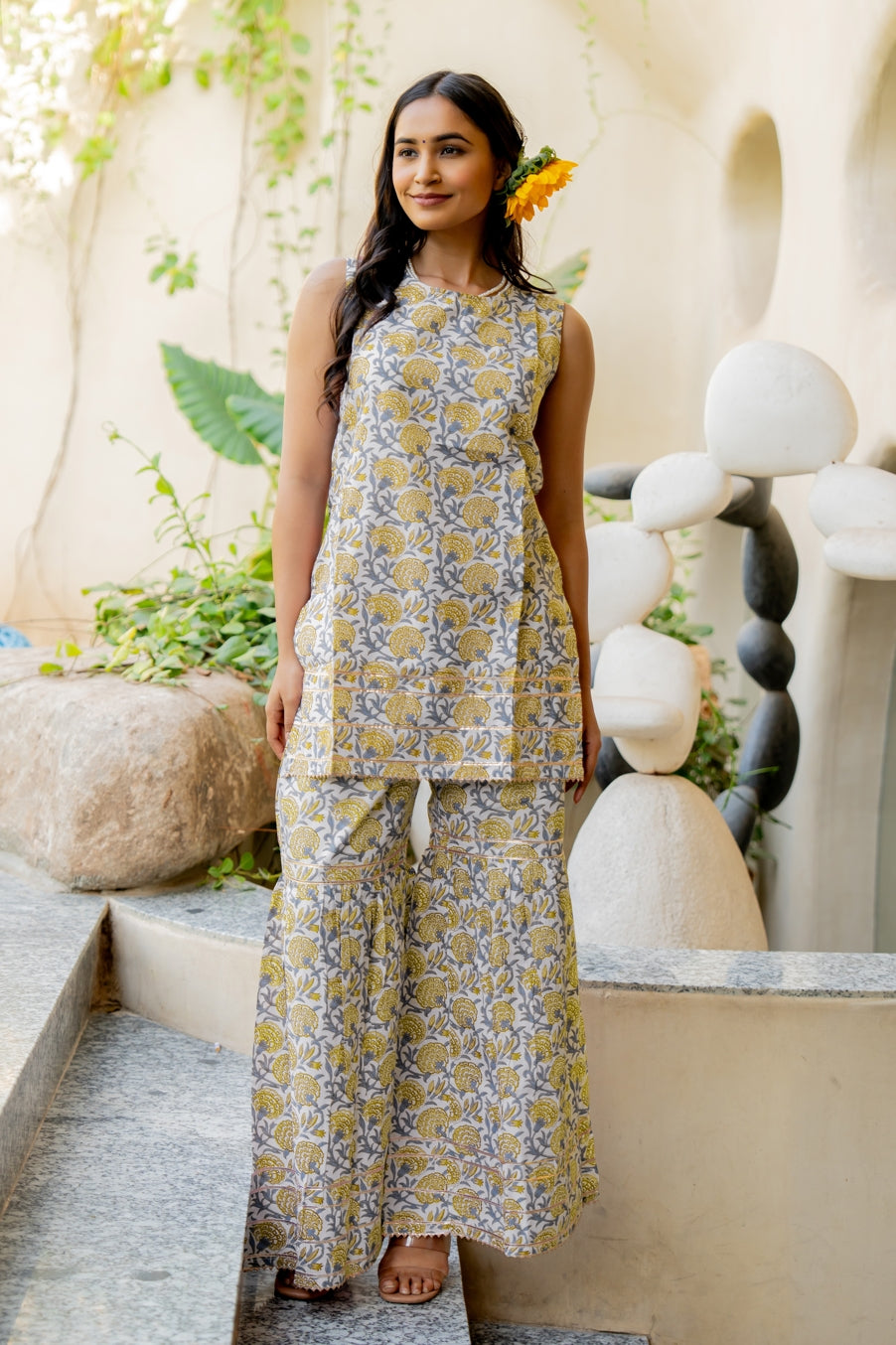 Elegant Cotton Blend Floral Print Sharara Set