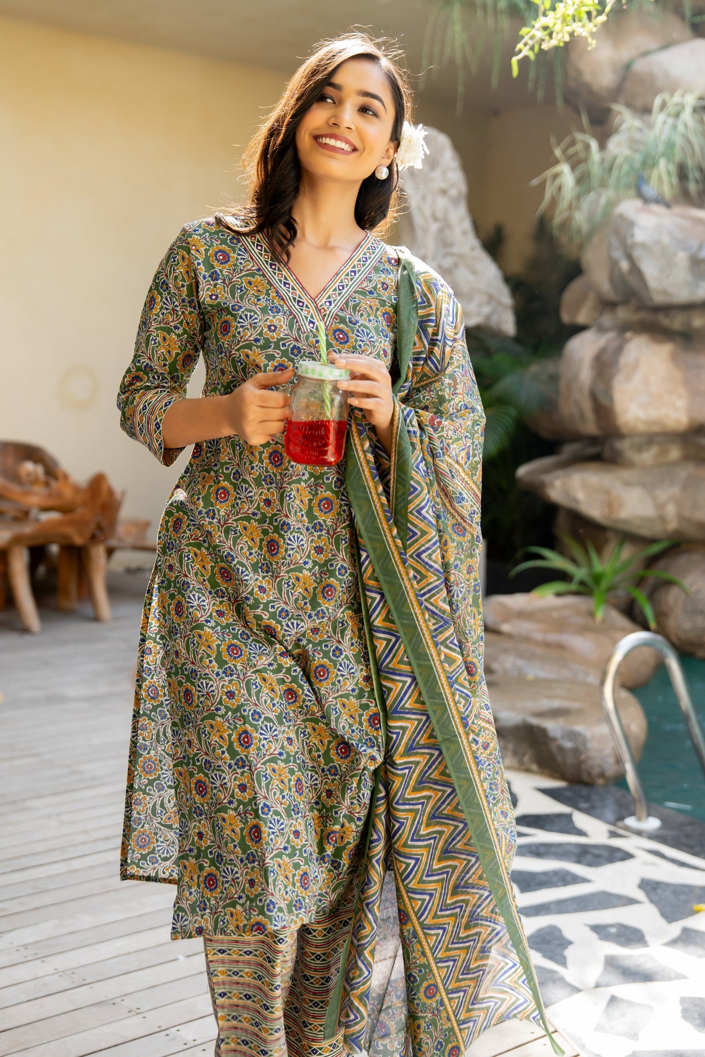 Fancy Cotton Floral Print Kurta Set with dupatta
