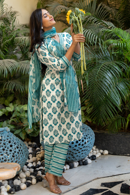 Cotton Floral Print Kurta Set with dupatta