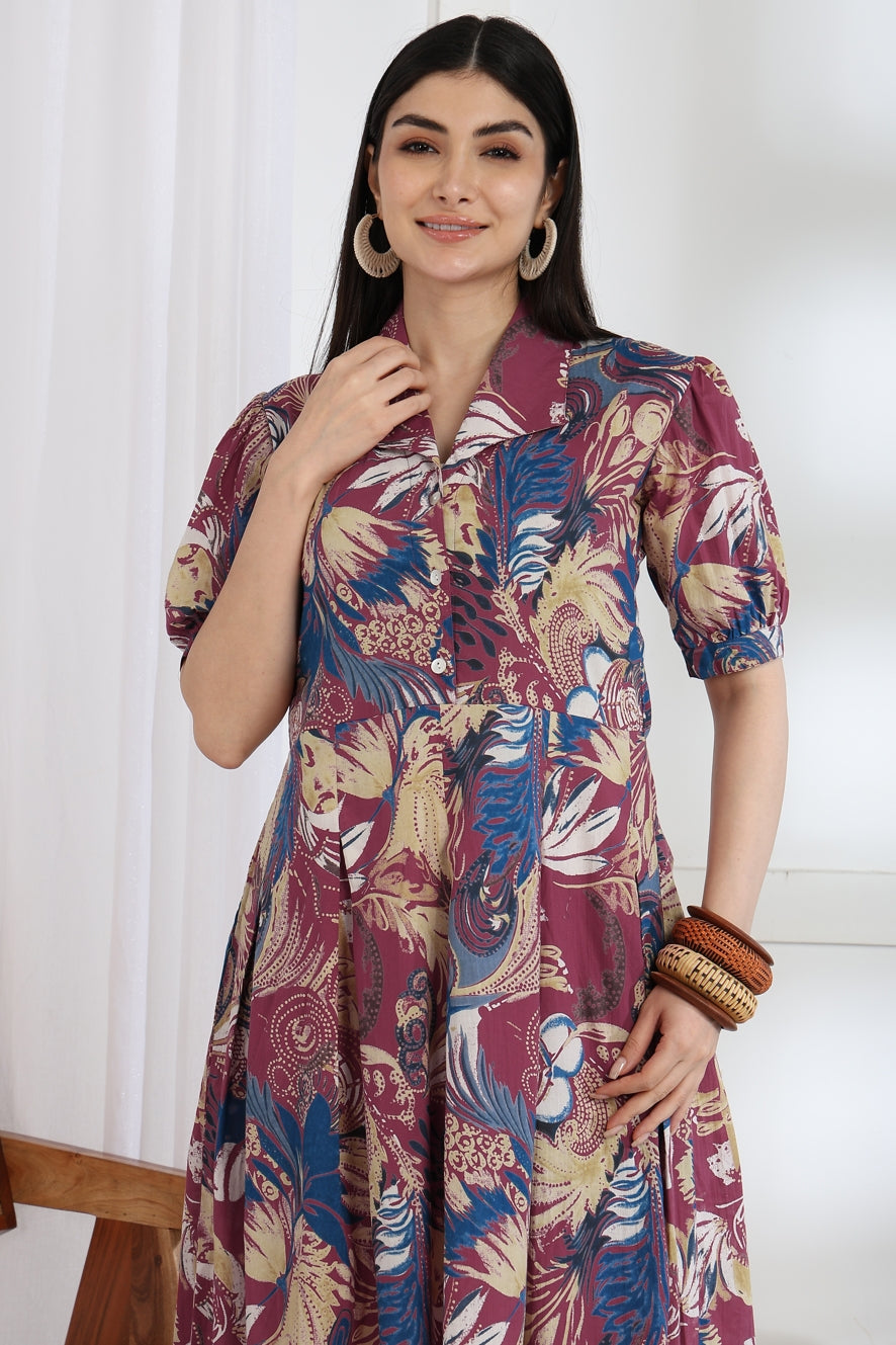 Fancy Floral Print Cotton Dress