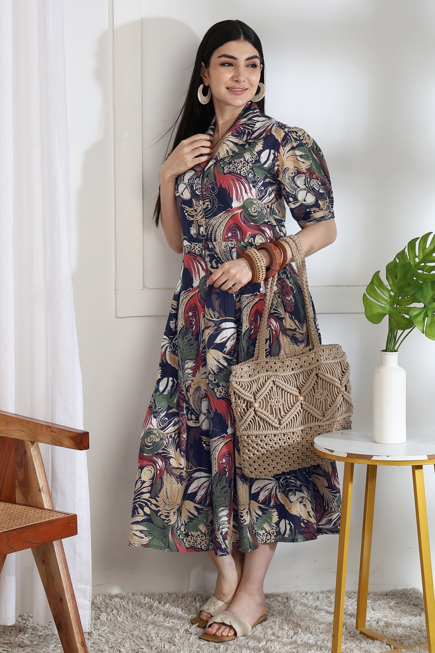 Fancy Floral Print Cotton Dress