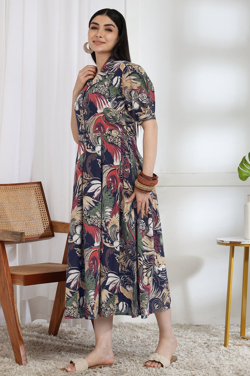 Fancy Floral Print Cotton Dress