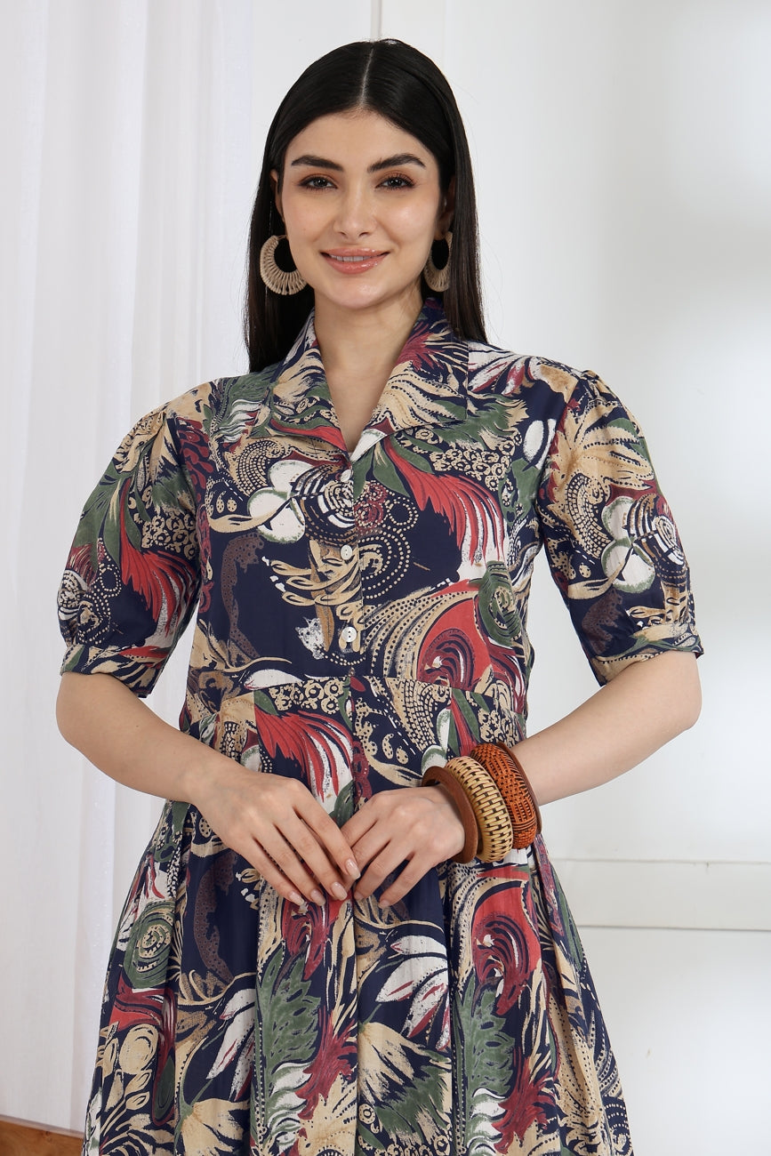 Fancy Floral Print Cotton Dress