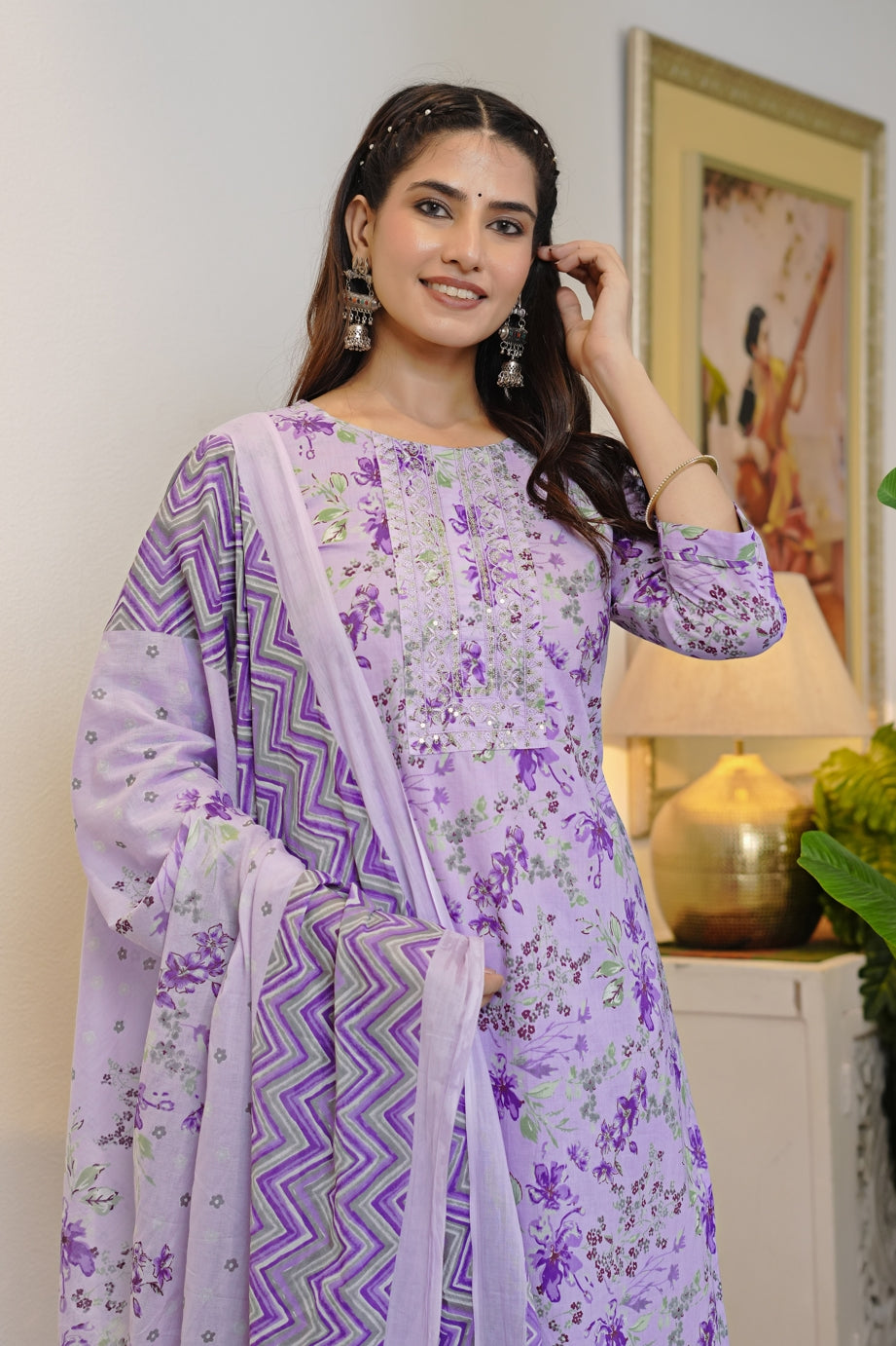 Floral Print Cotton Kurta Set with dupatta