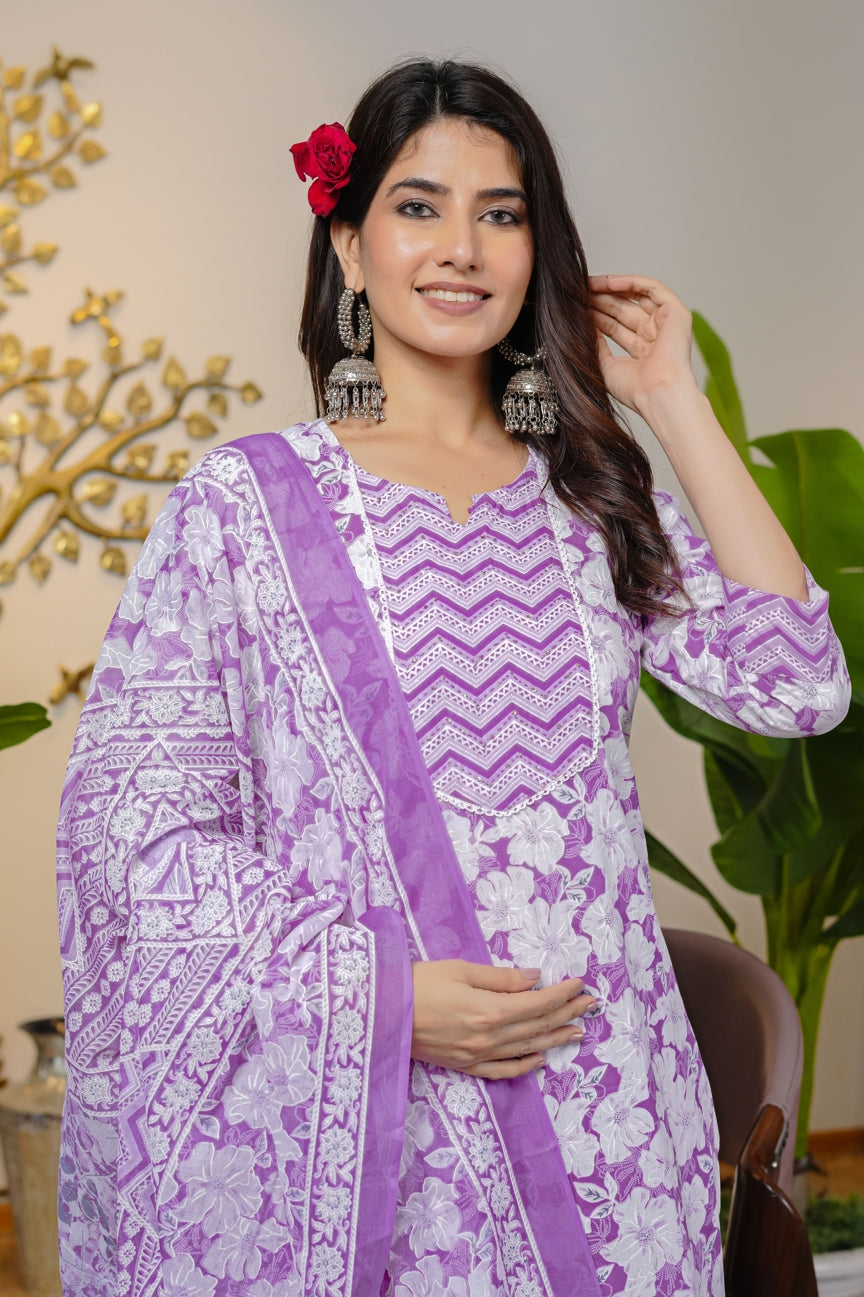 Beautiful Cotton Floral Print Kurta Set with dupatta
