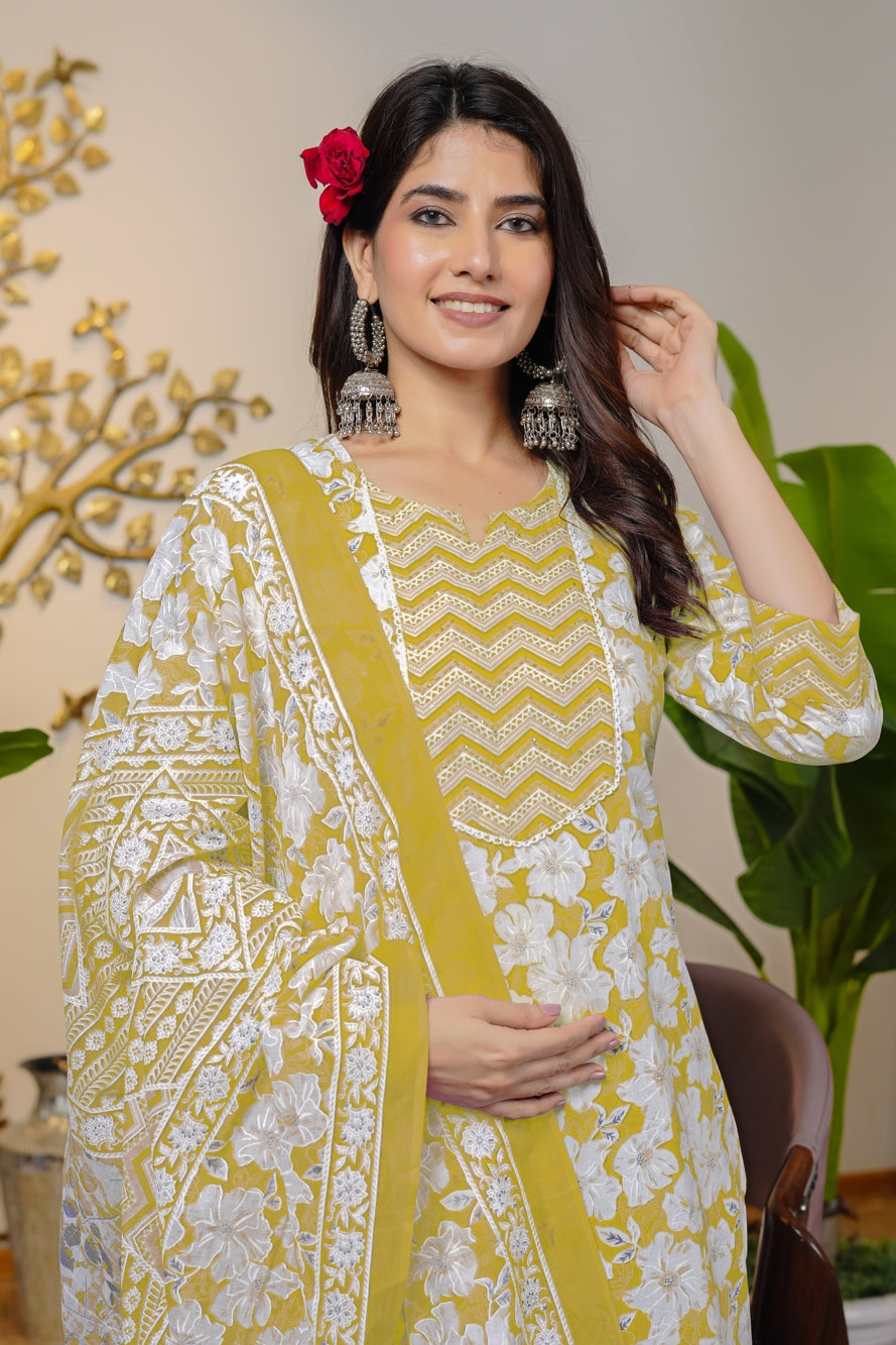 Beautiful Cotton Floral Print Kurta Set with dupatta