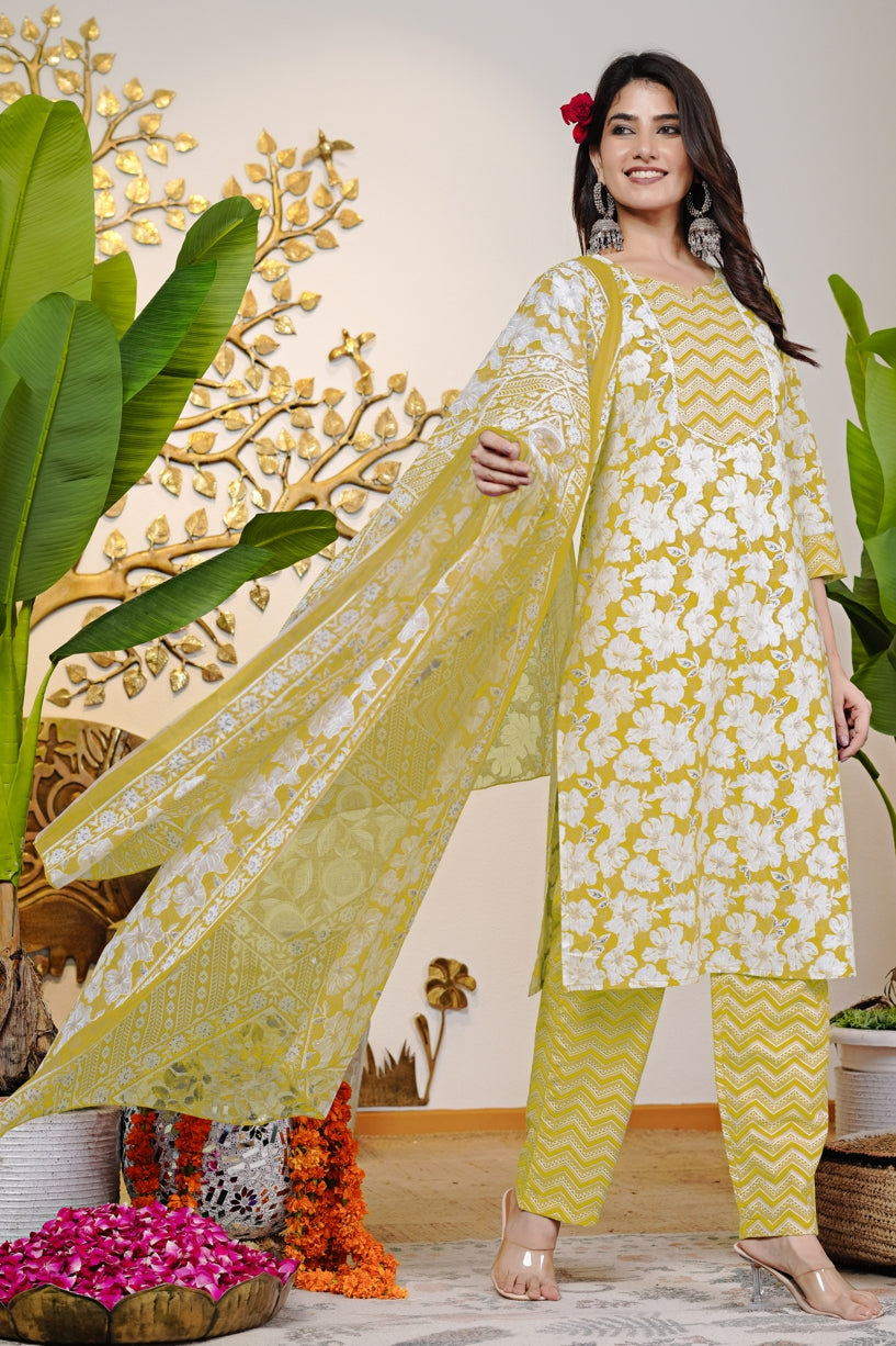 Beautiful Cotton Floral Print Kurta Set with dupatta