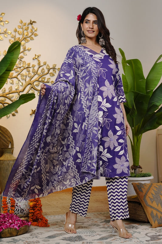 Trendy Cotton Floral Print Kurta Set with dupatta