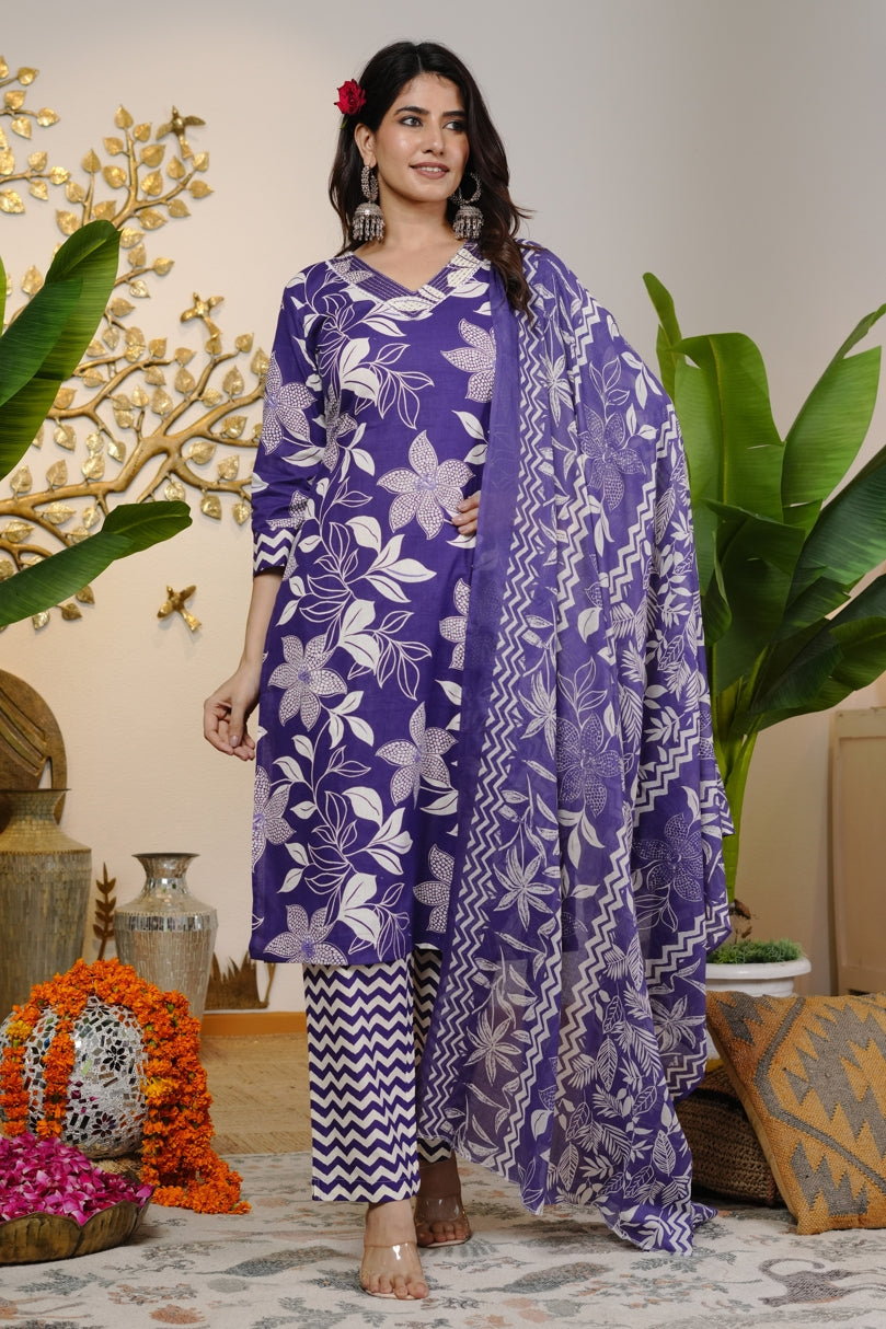 Trendy Cotton Floral Print Kurta Set with dupatta