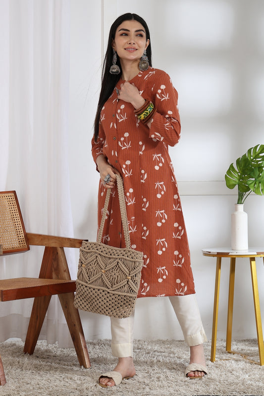 Elegant Kantha Work and Block Print Cotton Kurta