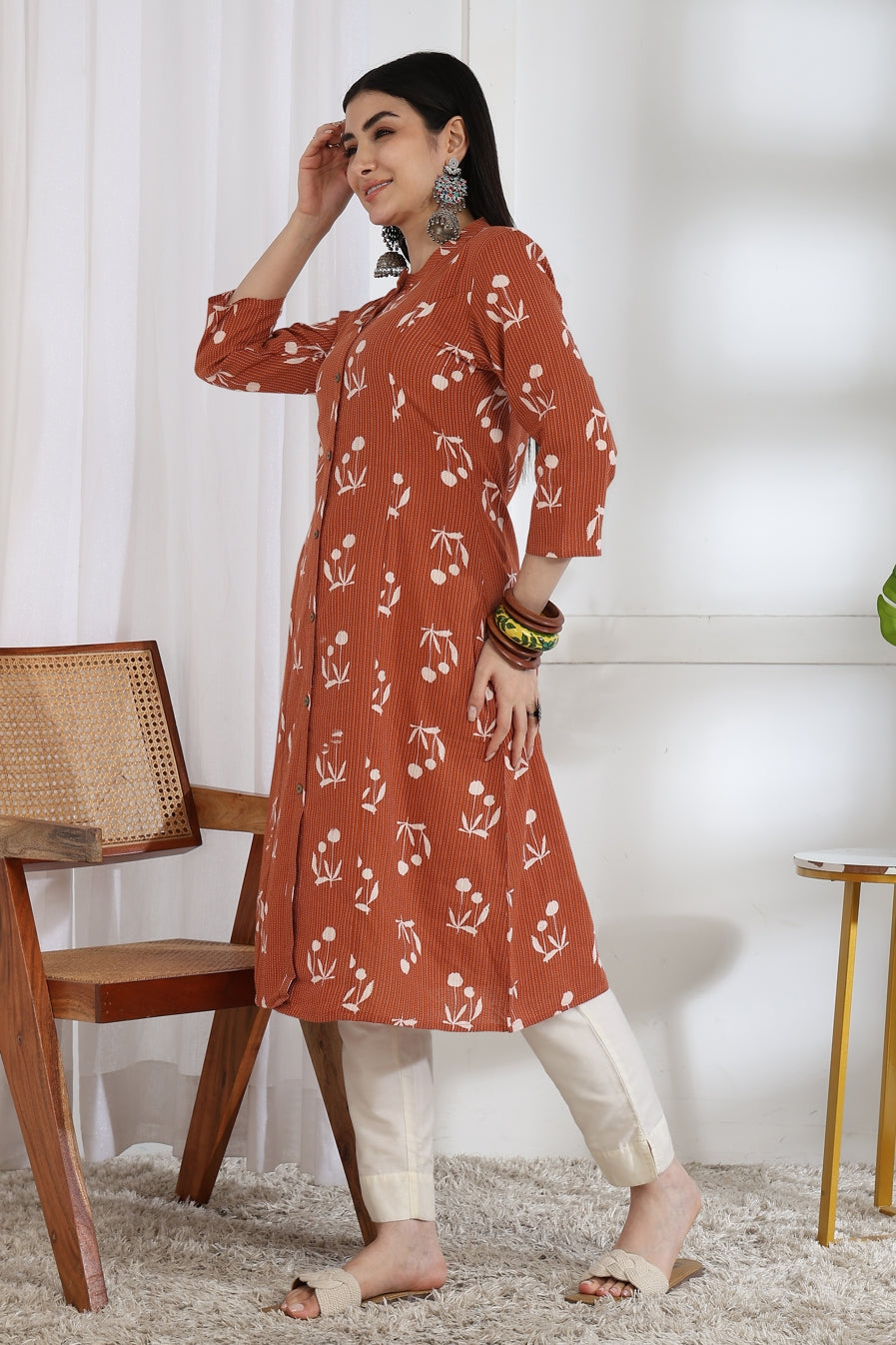 Elegant Kantha Work and Block Print Cotton Kurta