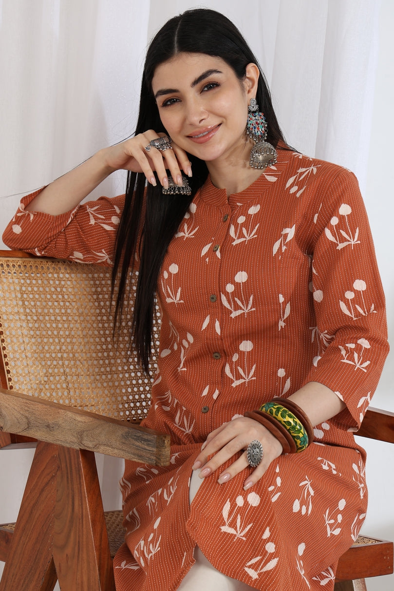 Elegant Kantha Work and Block Print Cotton Kurta