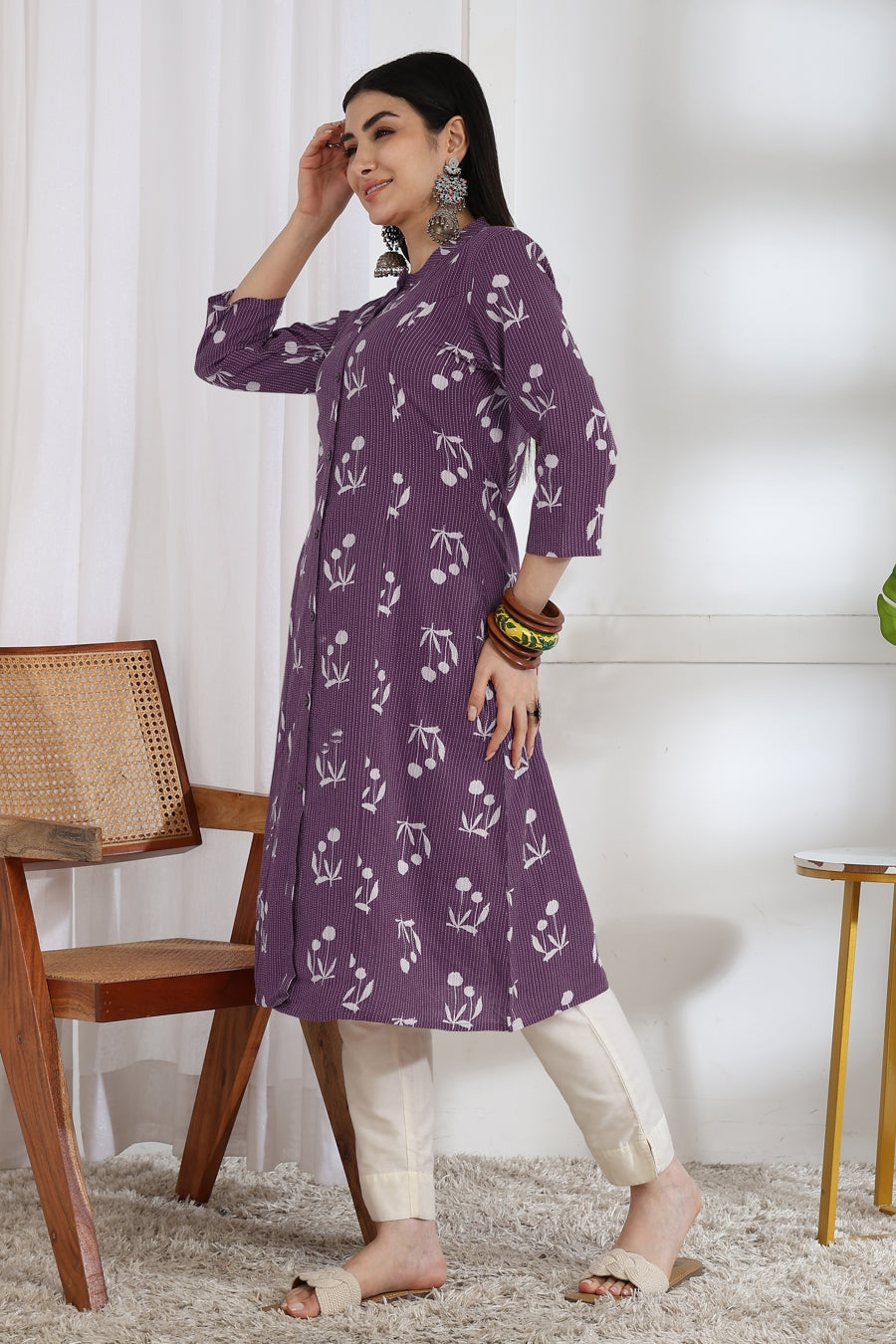 Elegant Kantha Work and Block Print Cotton Kurta