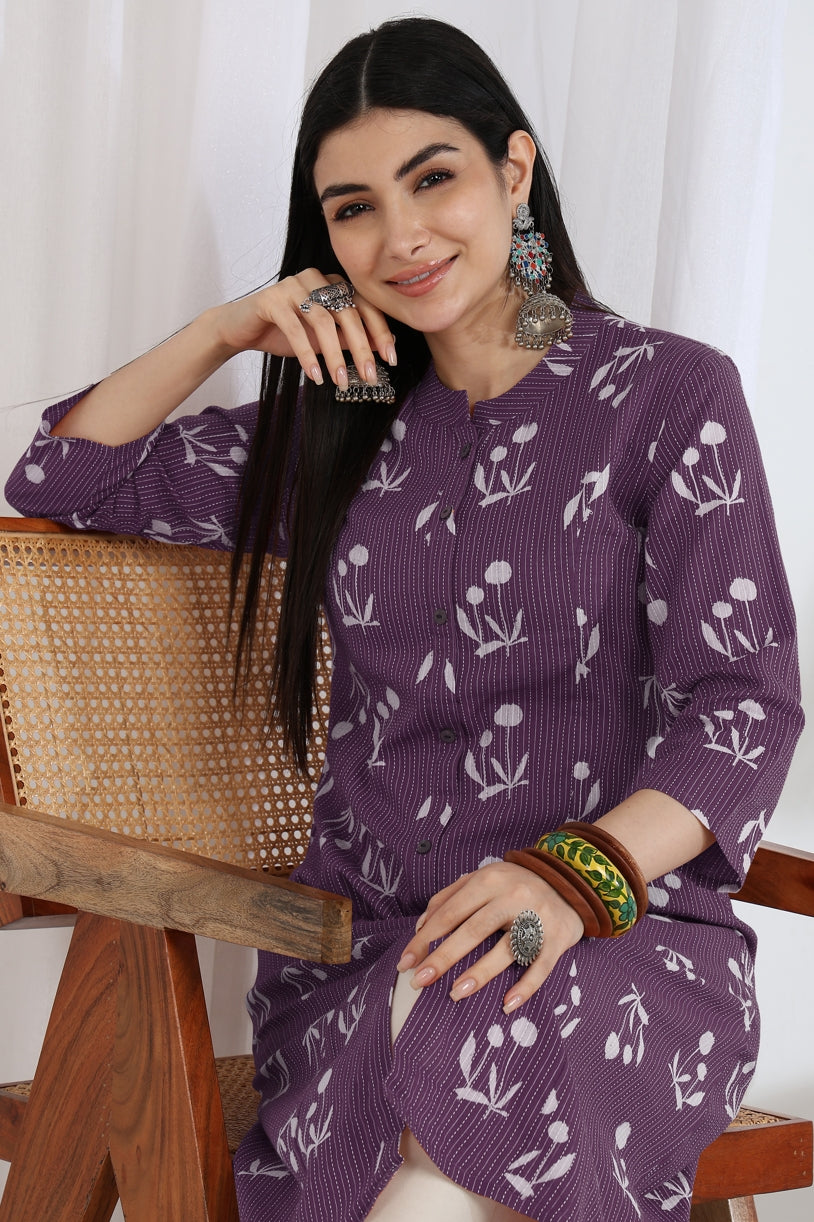 Elegant Kantha Work and Block Print Cotton Kurta