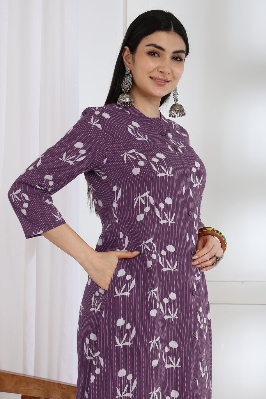 Elegant Kantha Work and Block Print Cotton Kurta