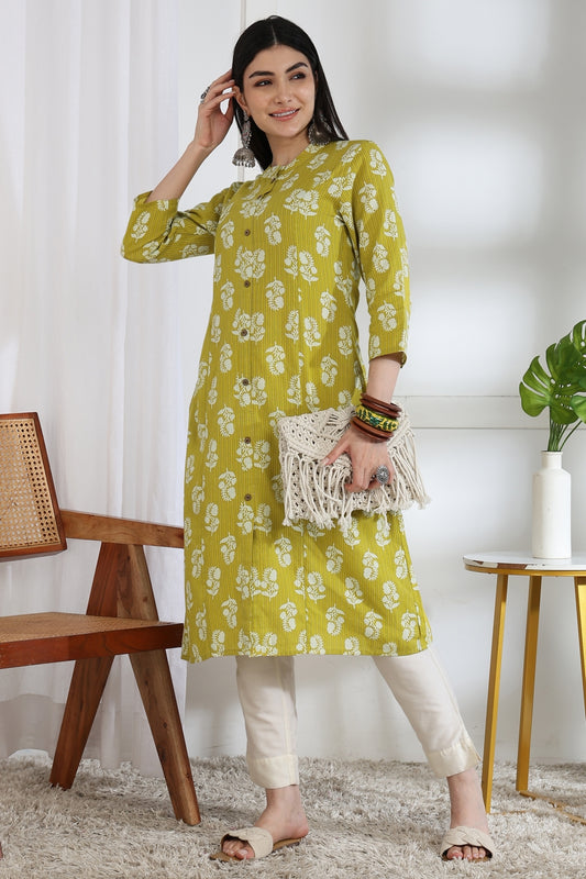 Fancy Kantha Work and Floral Block Print A-line Cotton Kurta