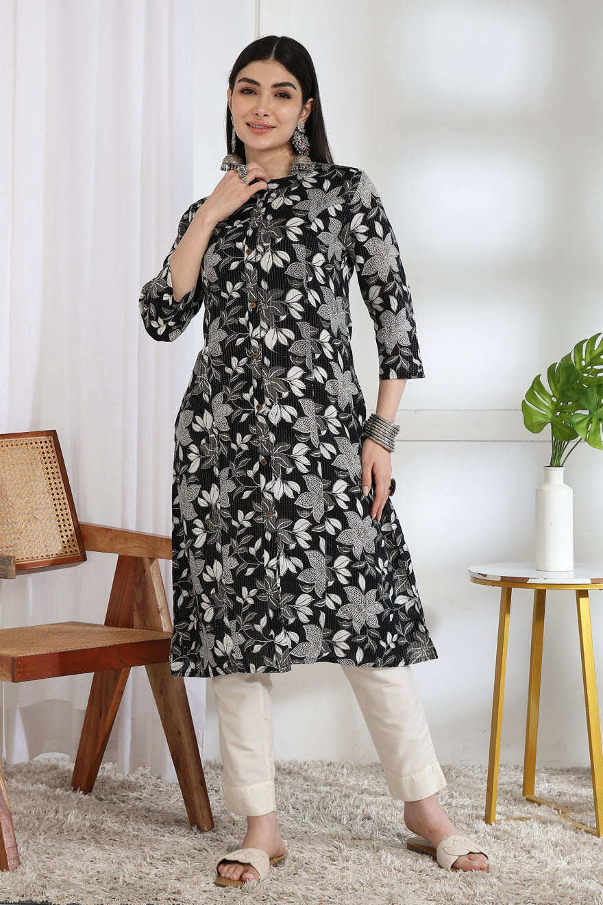 Trendy Kantha Work and Floral Print Cotton Kurta