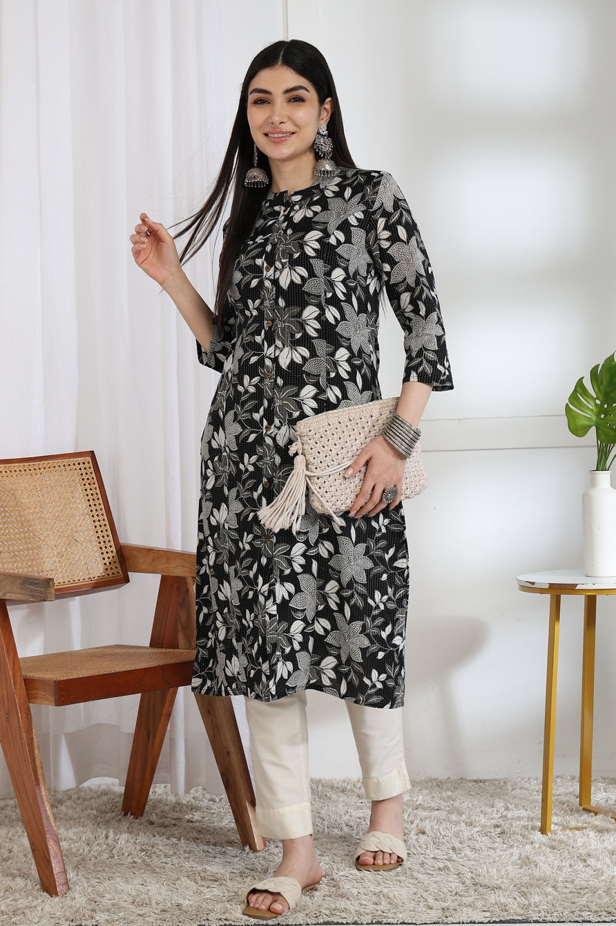 Trendy Kantha Work and Floral Print Cotton Kurta