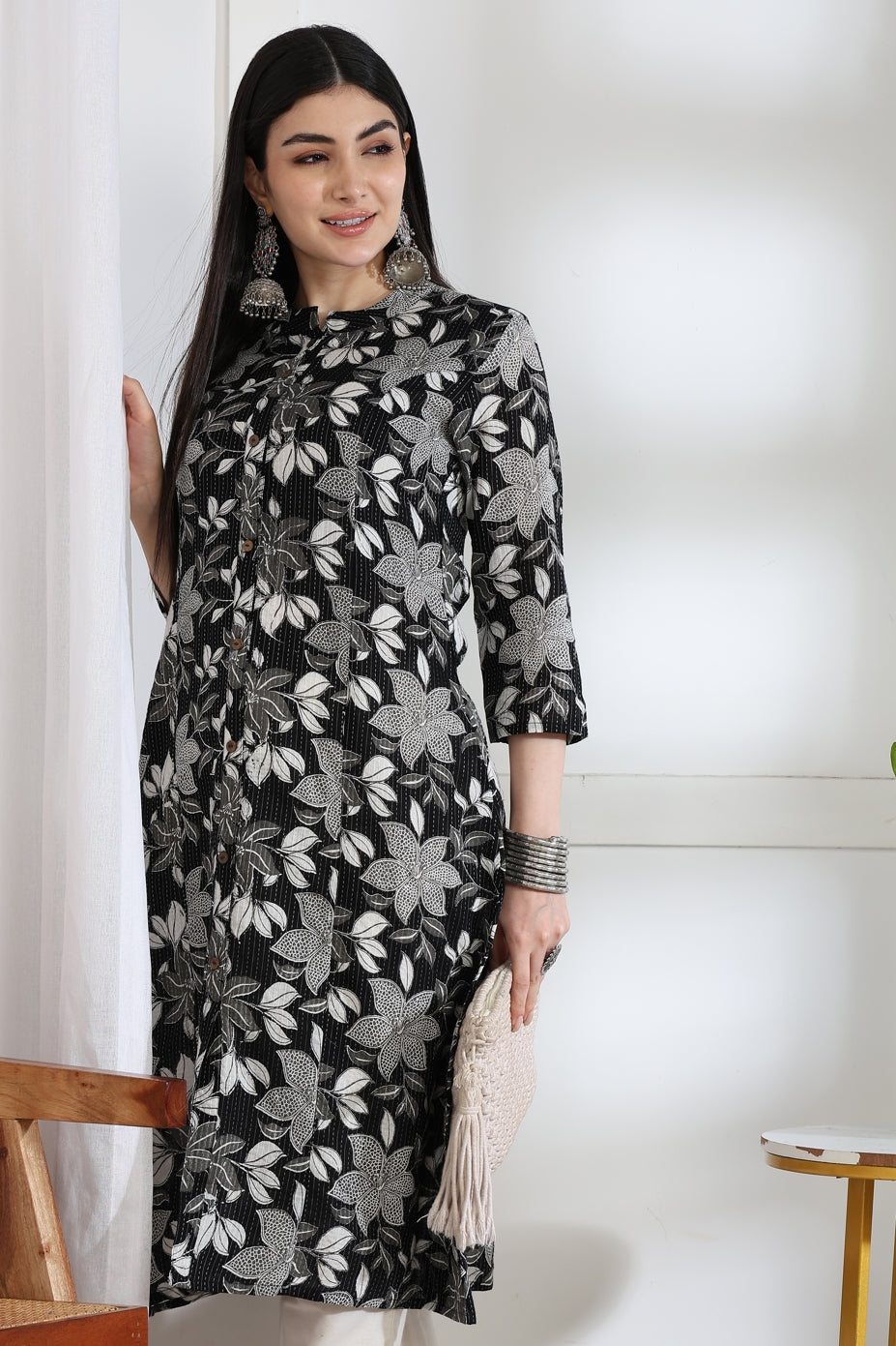 Trendy Kantha Work and Floral Print Cotton Kurta