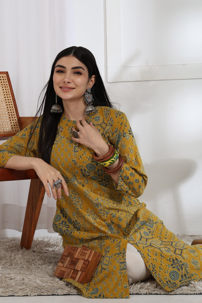 Latest Design Kantha Work and Geometric Print Cotton Kurta