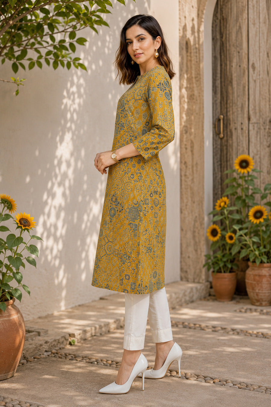 Latest Design Kantha Work and Geometric Print Cotton Kurta