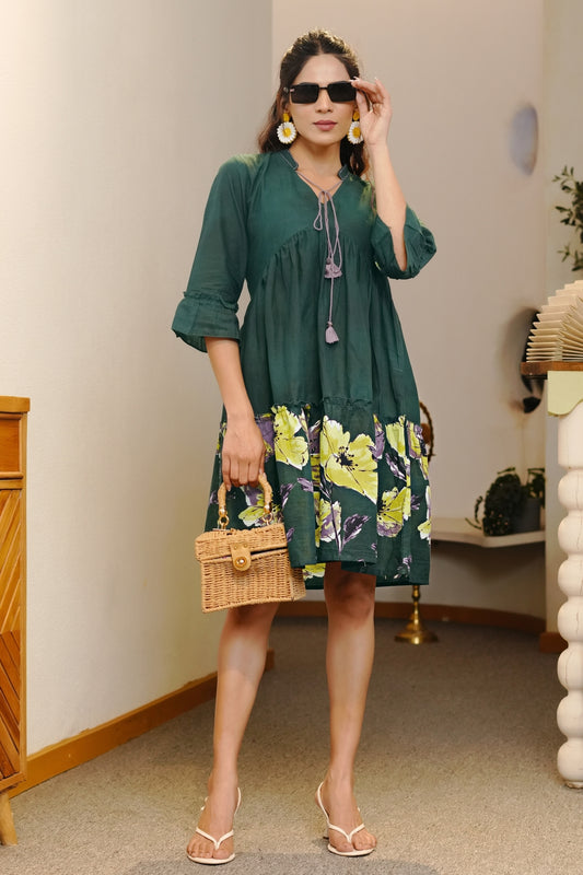 Trendy Floral Print Cotton Dress
